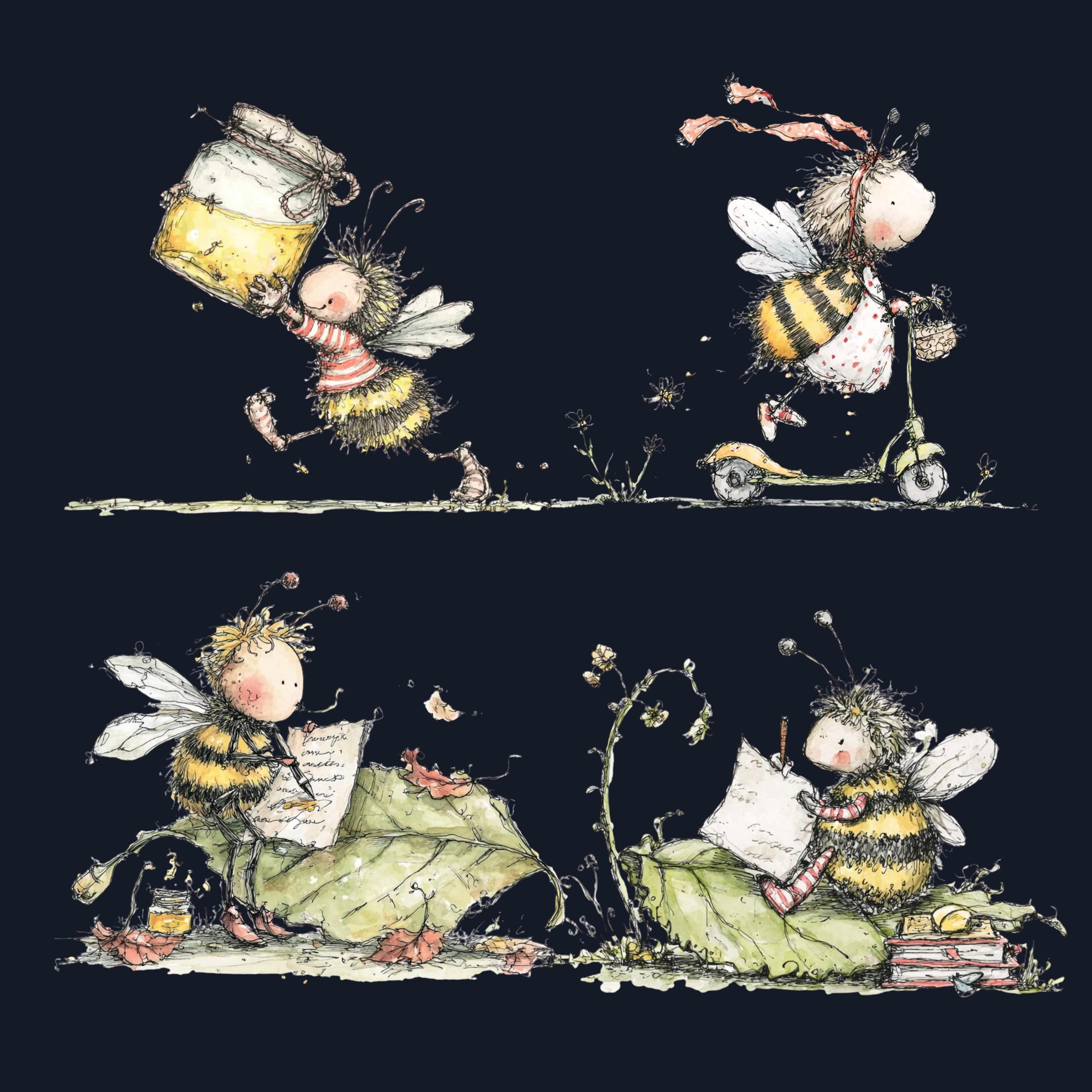 Watercolor Bee Secret Life Clipart: Whimsical Storybook Illustration PNG (Digital Download)