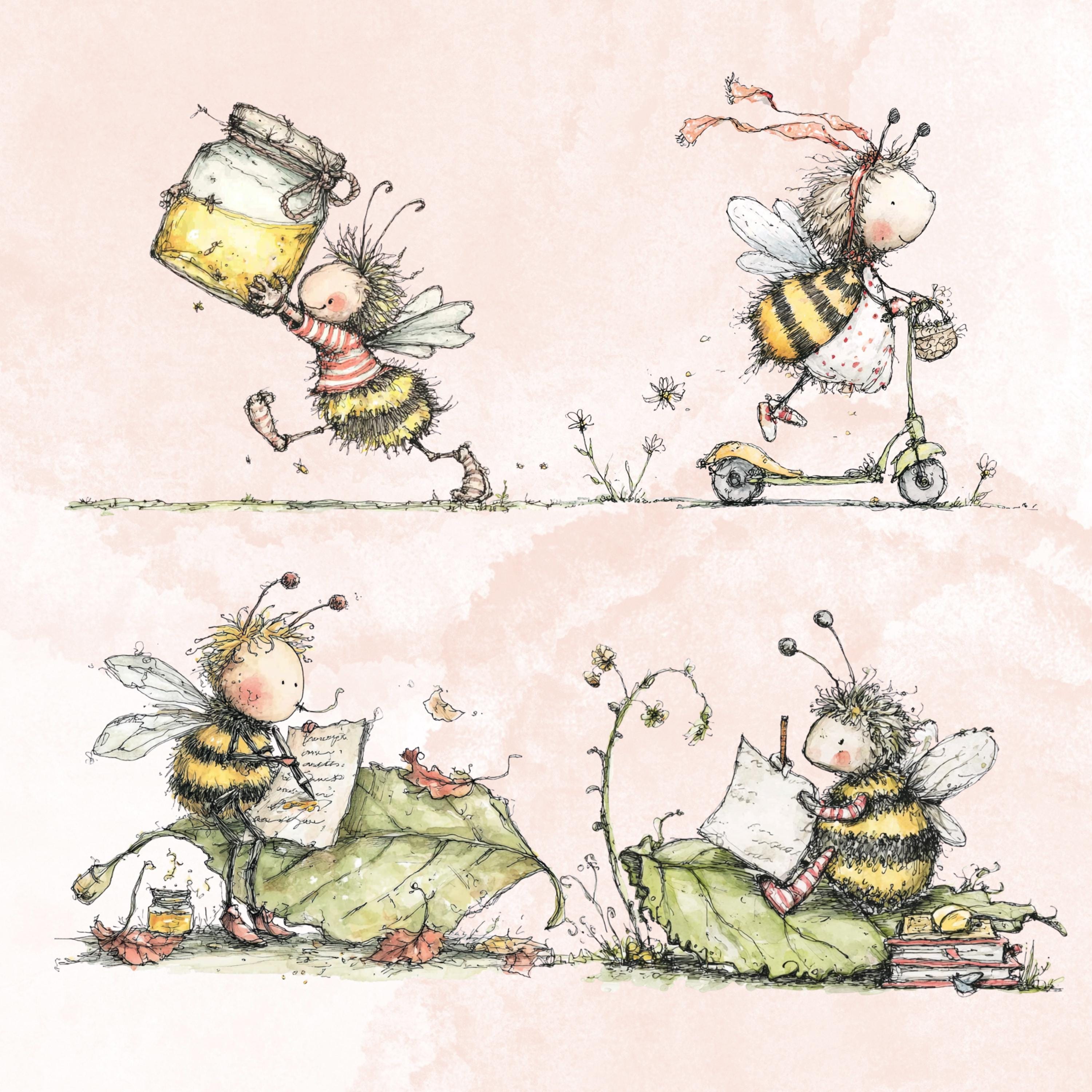 Watercolor Bee Secret Life Clipart: Whimsical Storybook Illustration PNG (Digital Download)