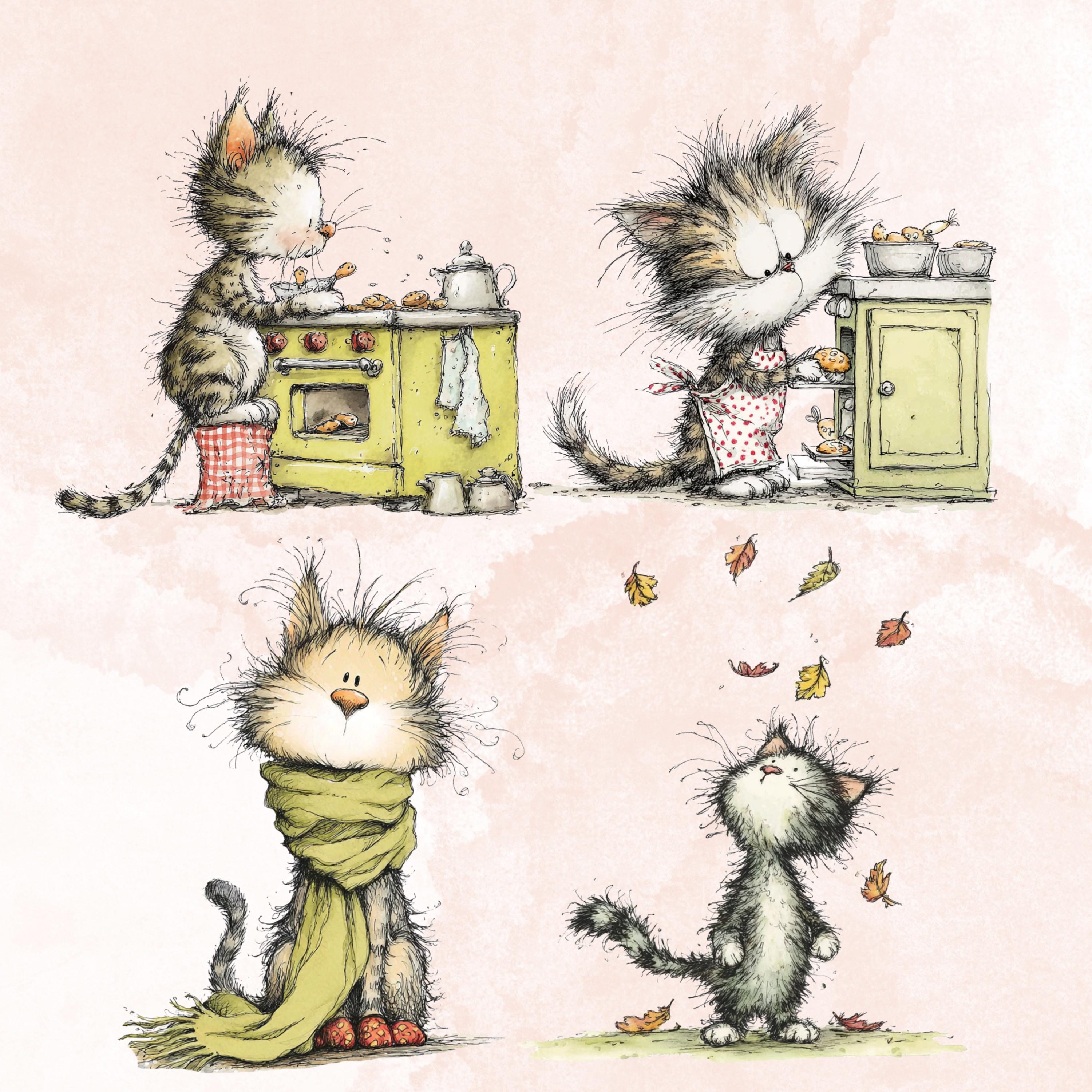 Watercolor Cat Secret Life Clipart: Whimsical Kitten Storybook Illustration PNG (Digital Download)