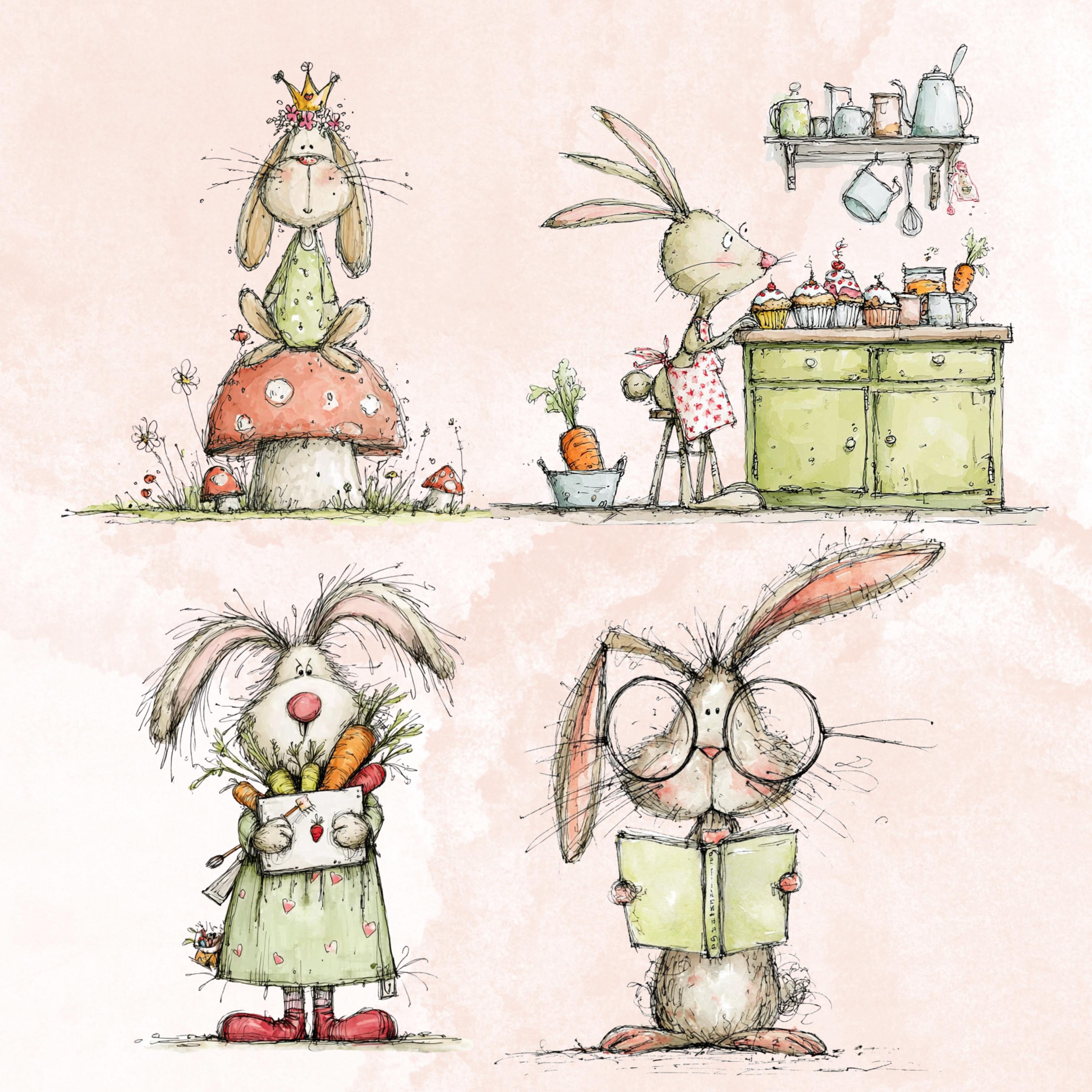 Watercolor Bunny Secret Life Clipart: Whimsical Rabbit Storybook Illustration PNG (Digital Download)