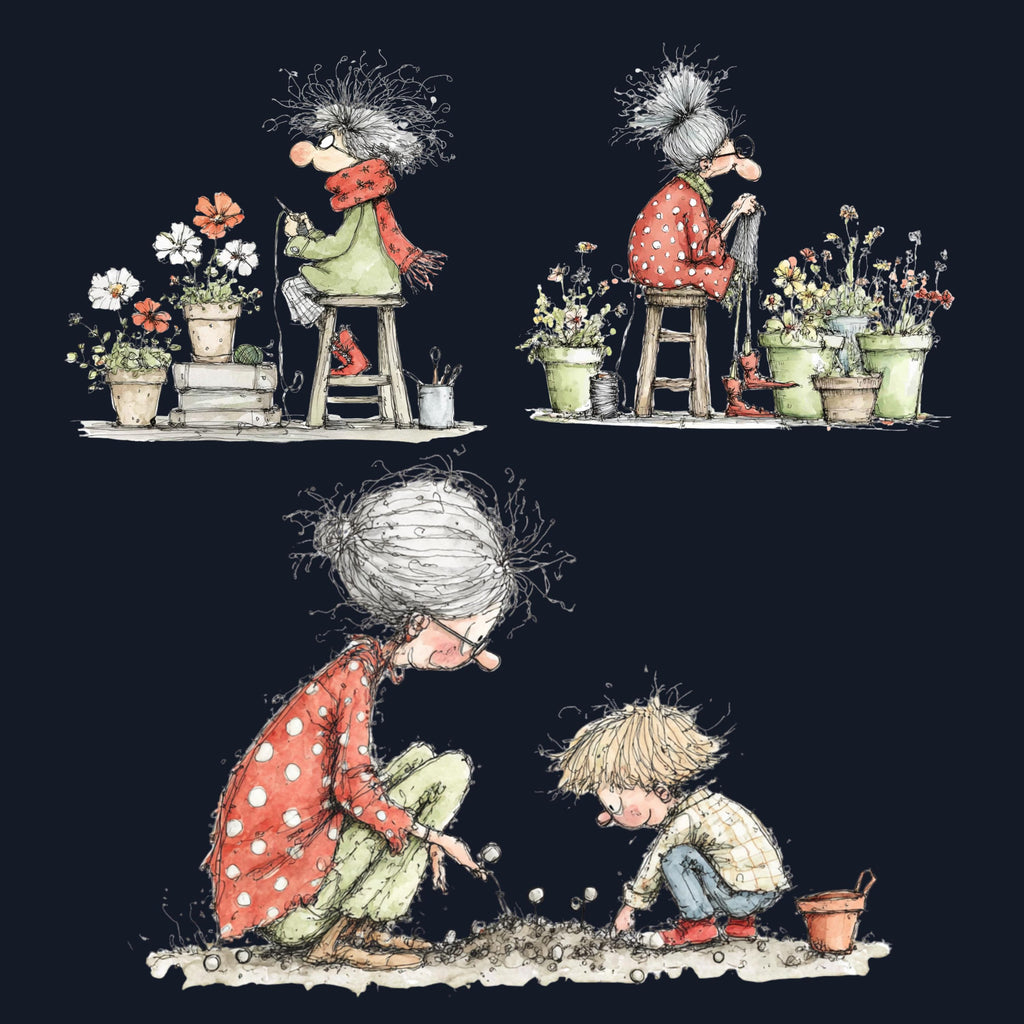 Quirky Grandma's Garden Clipart: Whimsical Elderly Lady Illustration PNG (Digital Download)