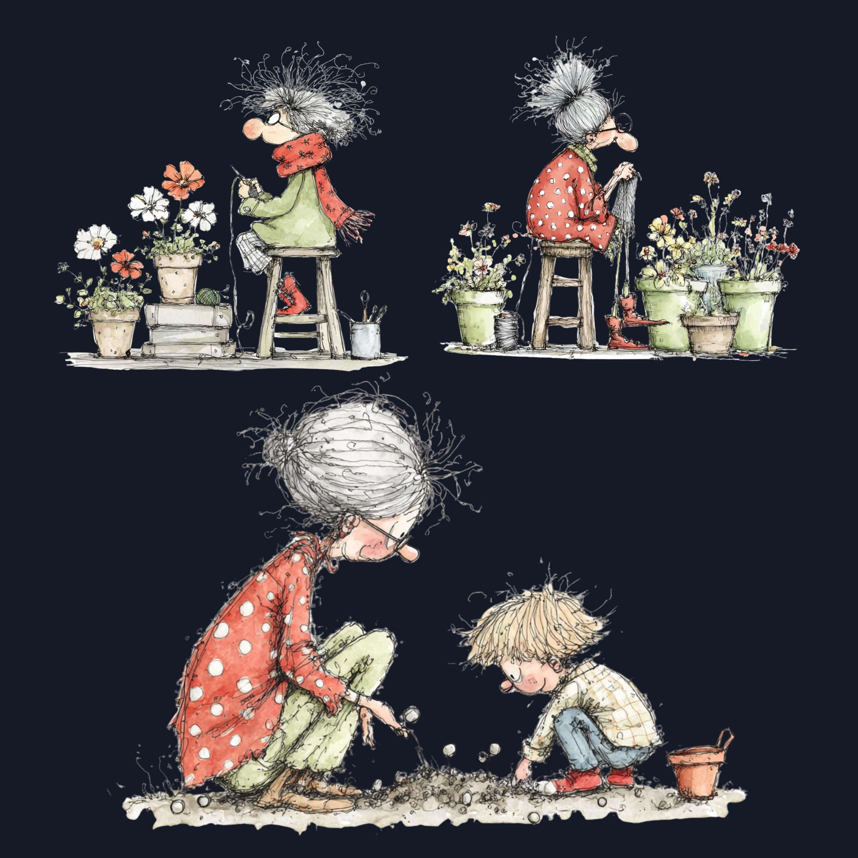 Quirky Grandma's Garden Clipart: Whimsical Elderly Lady Illustration PNG (Digital Download)