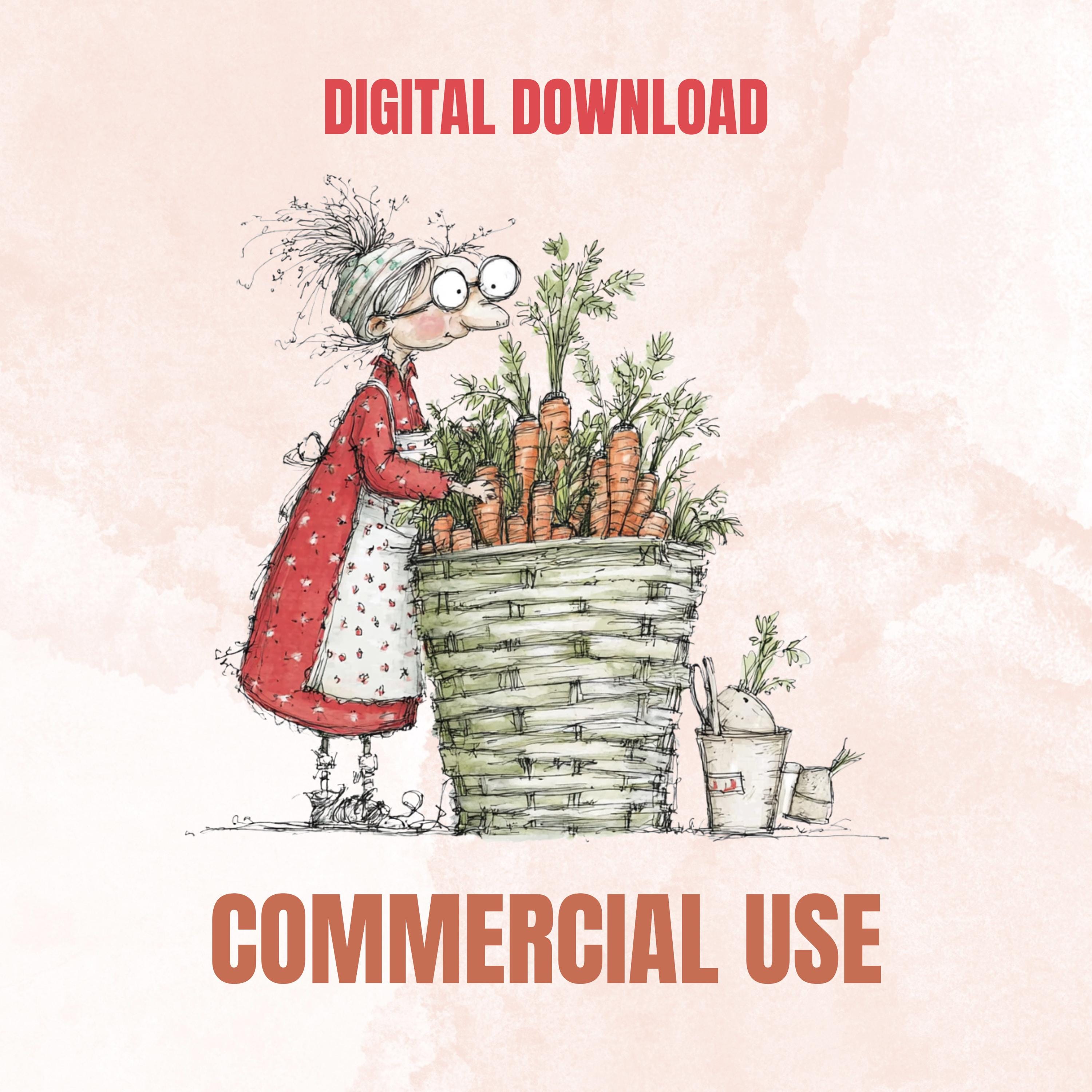 Quirky Grandma's Garden Clipart: Whimsical Elderly Lady Illustration PNG (Digital Download)