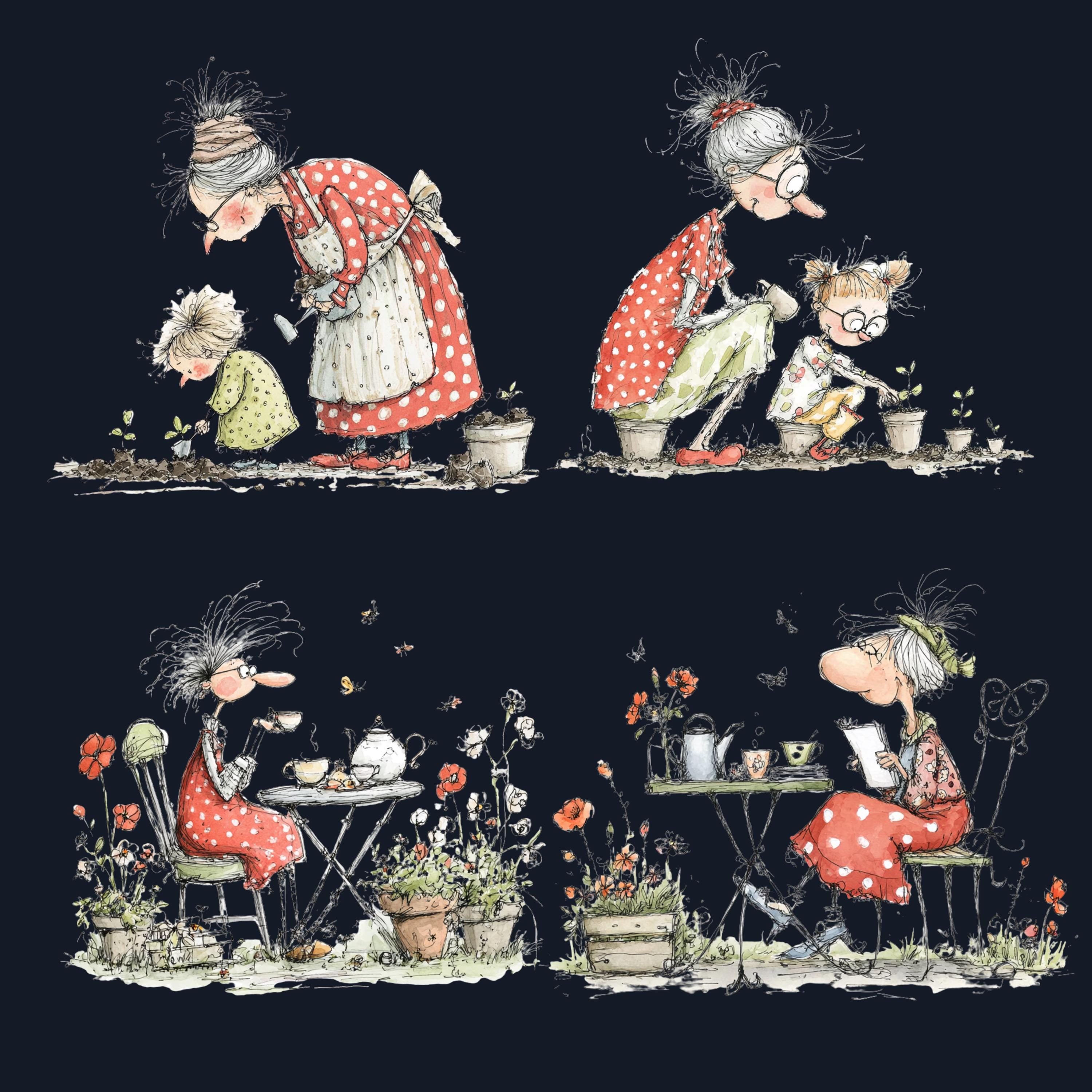 Quirky Grandma's Garden Clipart: Whimsical Elderly Lady Illustration PNG (Digital Download)