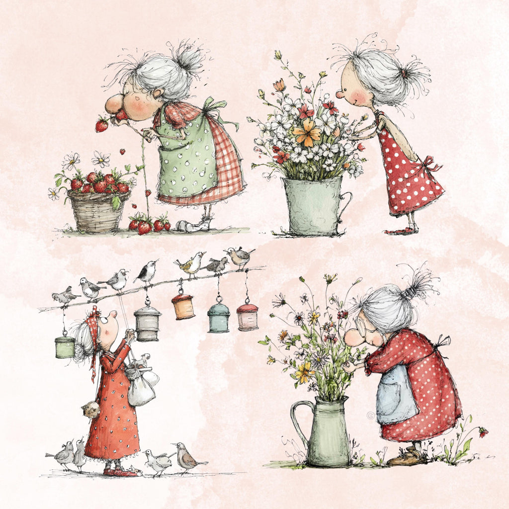 Quirky Grandma's Garden Clipart: Whimsical Elderly Lady Illustration PNG (Digital Download)