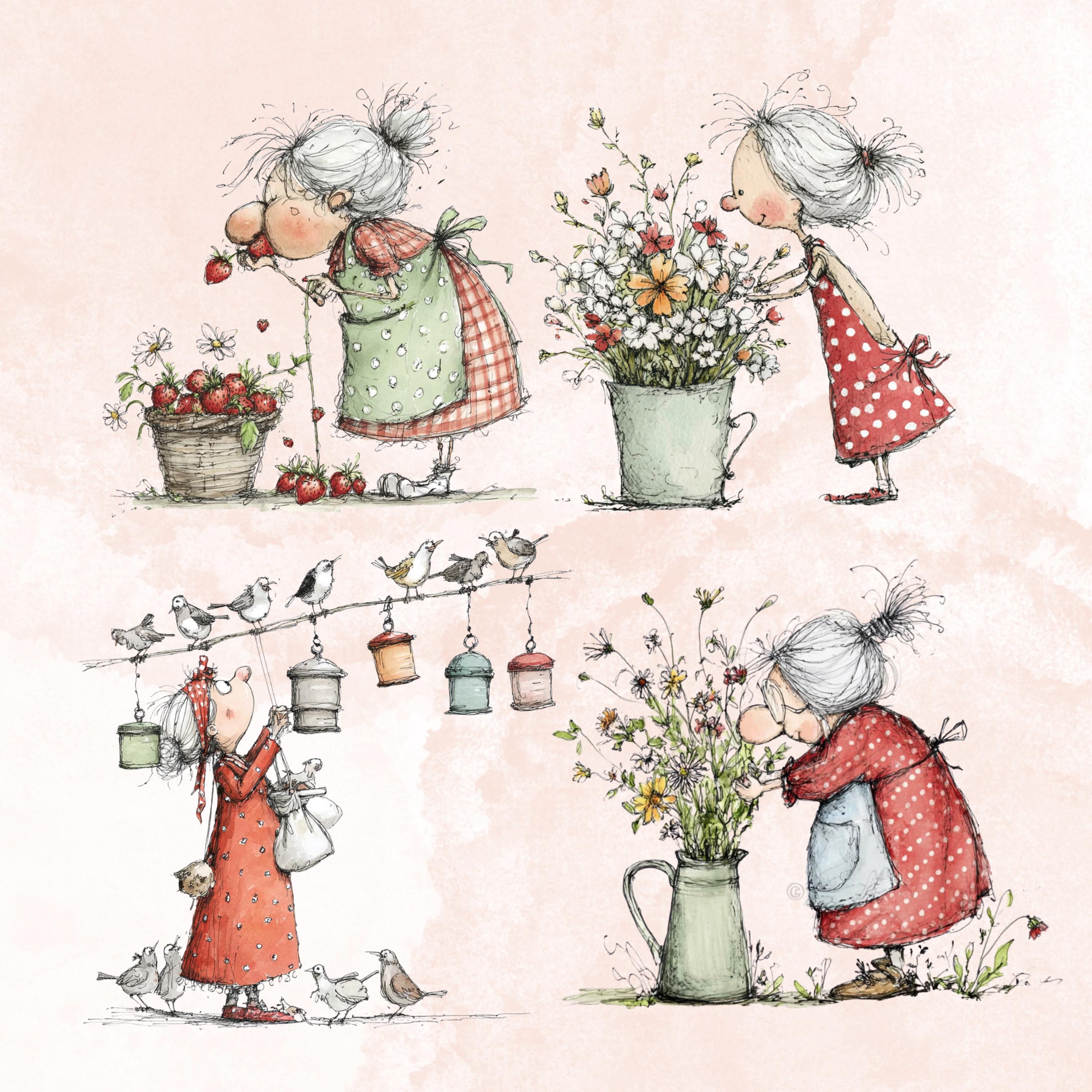 Quirky Grandma's Garden Clipart: Whimsical Elderly Lady Illustration PNG (Digital Download)