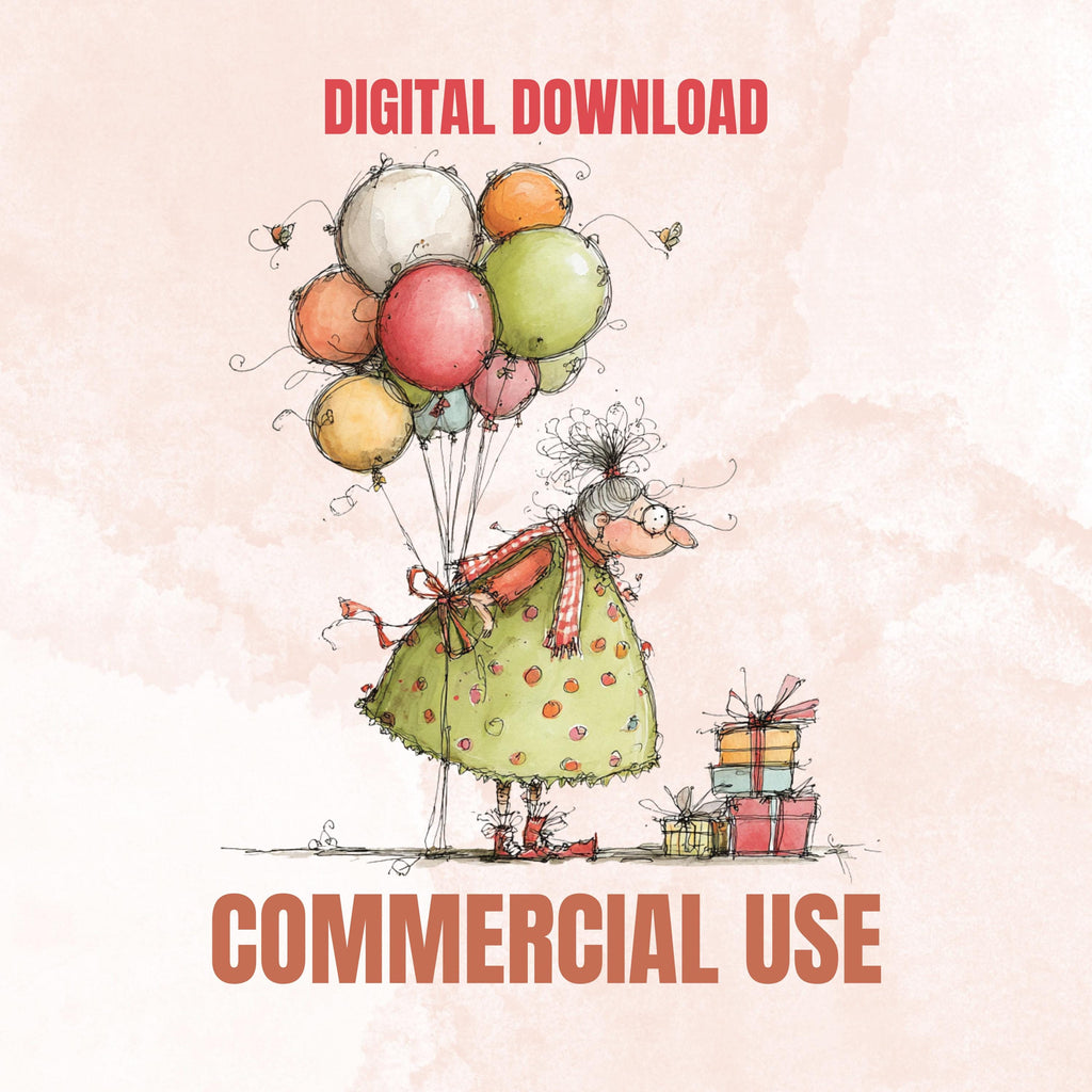 Quirky Grandma's Birthday Clipart: Whimsical Elderly Lady Illustration PNG (Digital Download)
