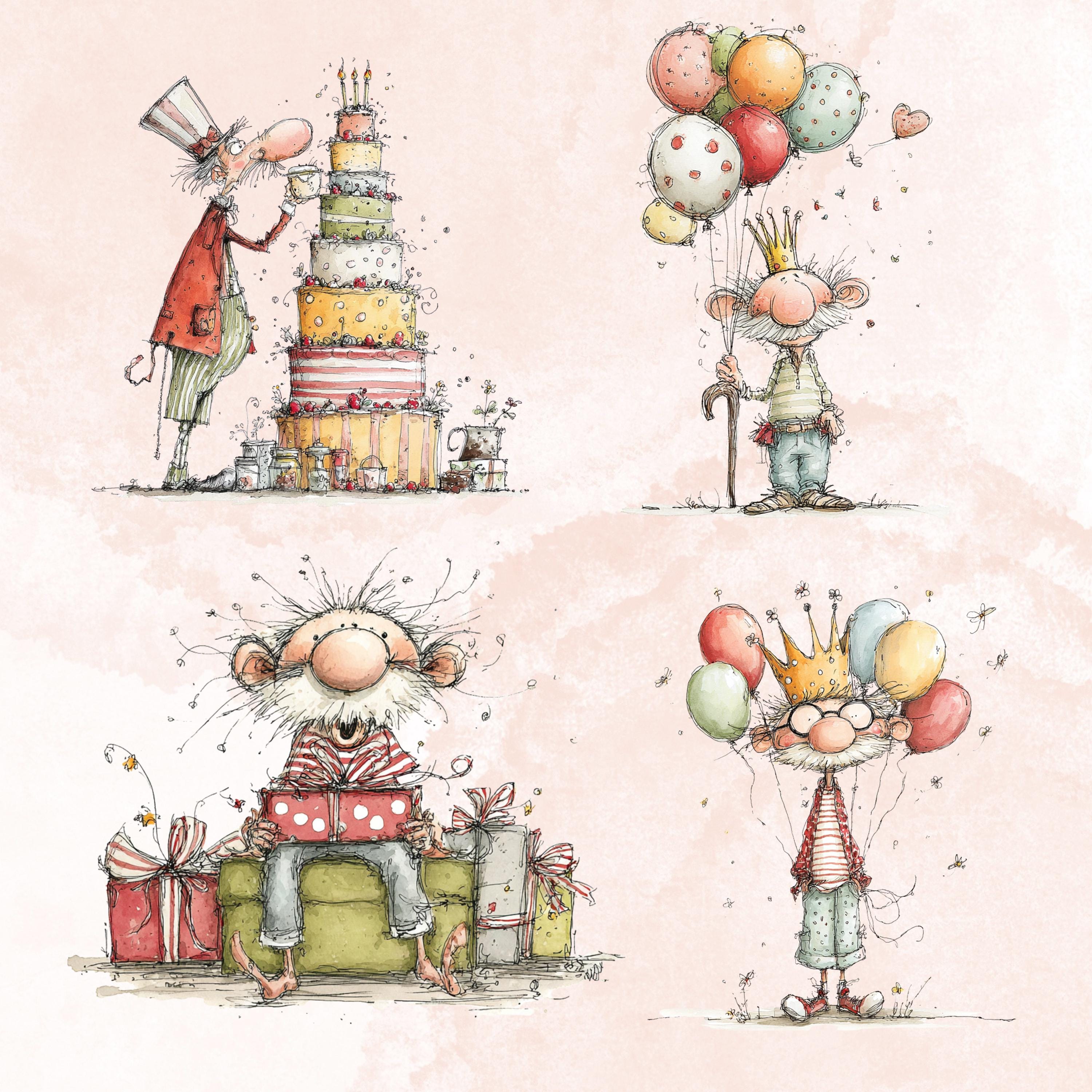 Quirky Grandpa's Birthday Clipart: Whimsical Elderly Man Illustration PNG (Digital Download)