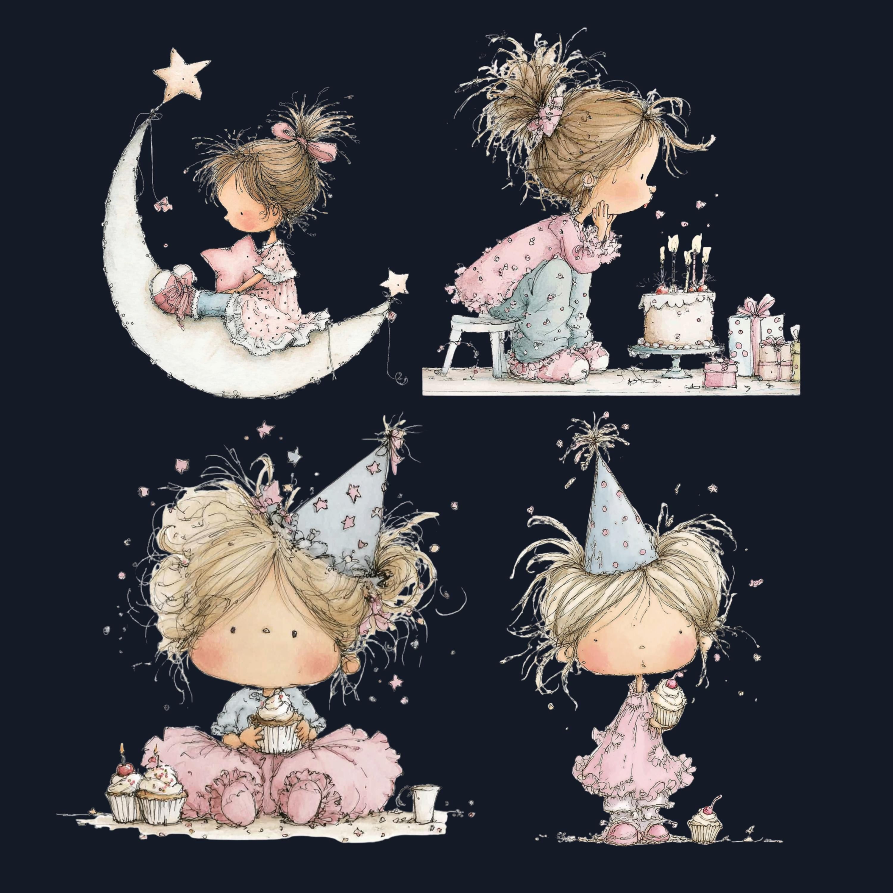 Watercolor Little Girl Clipart: Whimsical Pink Nursery Illustration PNG (Digital Download)