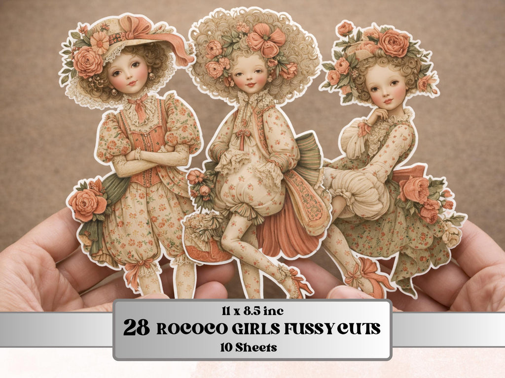 Whimsical Rococo Girl Fussy Cut Bundle, 28 Vintage Rococo Cutouts, Feminine Junk Journal Ephemera Scrapbook Sheets