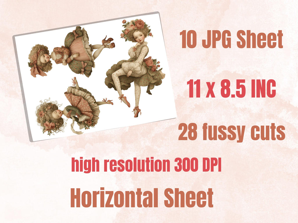 Whimsical Rococo Girl Fussy Cut Bundle, 28 Vintage Rococo Cutouts, Feminine Junk Journal Ephemera Scrapbook Sheets