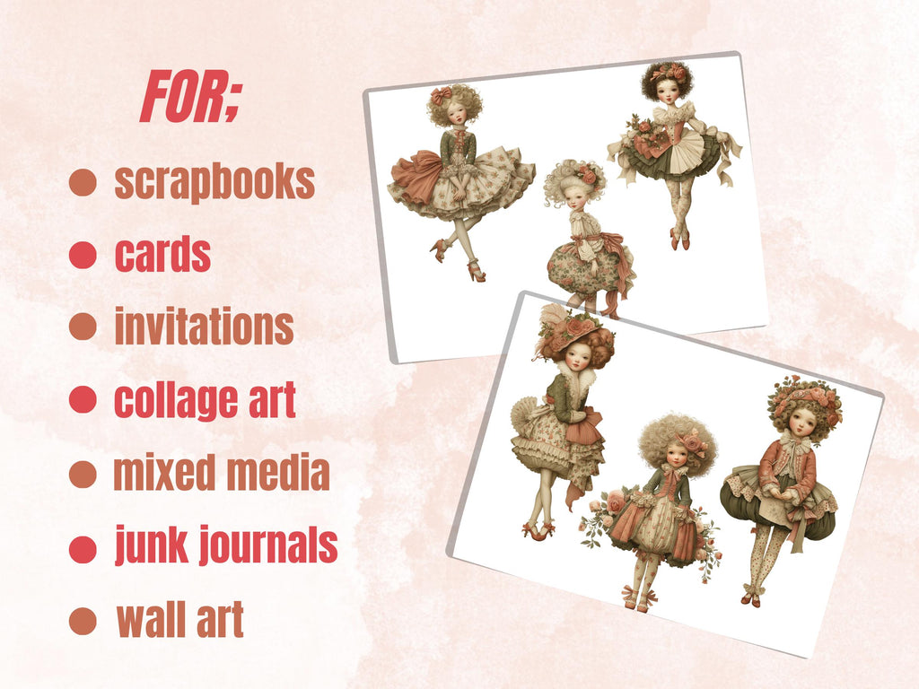 Whimsical Rococo Girl Fussy Cut Bundle, 28 Vintage Rococo Cutouts, Feminine Junk Journal Ephemera Scrapbook Sheets