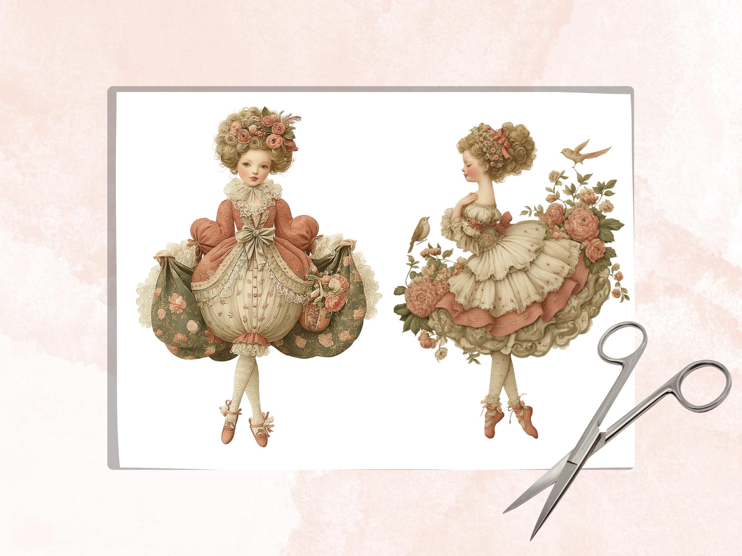 Whimsical Rococo Girl Fussy Cut Bundle, 28 Vintage Rococo Cutouts, Feminine Junk Journal Ephemera Scrapbook Sheets