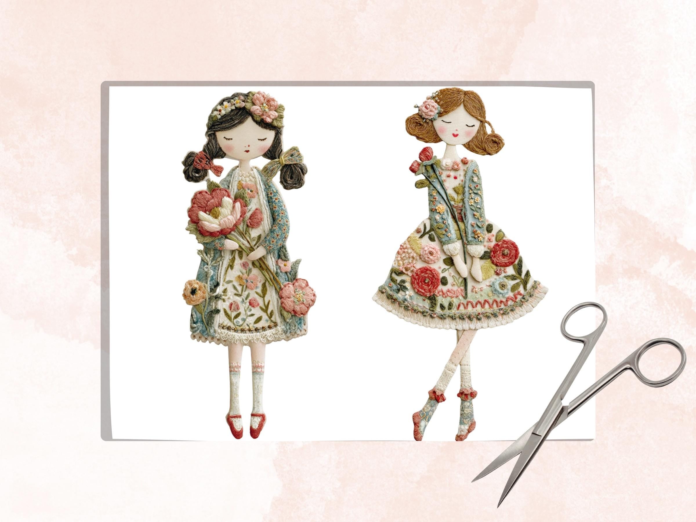 Whimsical Embroidery Spring Girl Fussy Cut Bundle, 42 Floral Girl Cutouts, Cottagecore Ephemera Junk Journal Sheets
