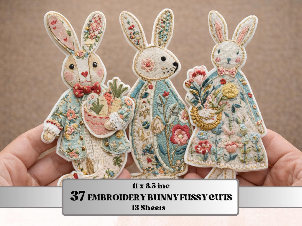 Embroidery Easter Bunny Fussy Cut Bundle, 37 Pastel Rabbit Cutouts, Whimsical Spring Ephemera Junk Journal Sheets