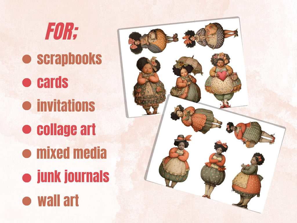 Curvy Afro Black Woman Fussy Cut Bundle, 40 Printable Paper Doll Cutouts, Quirky Junk Journal, Whimsical Scrapbook Ephemera