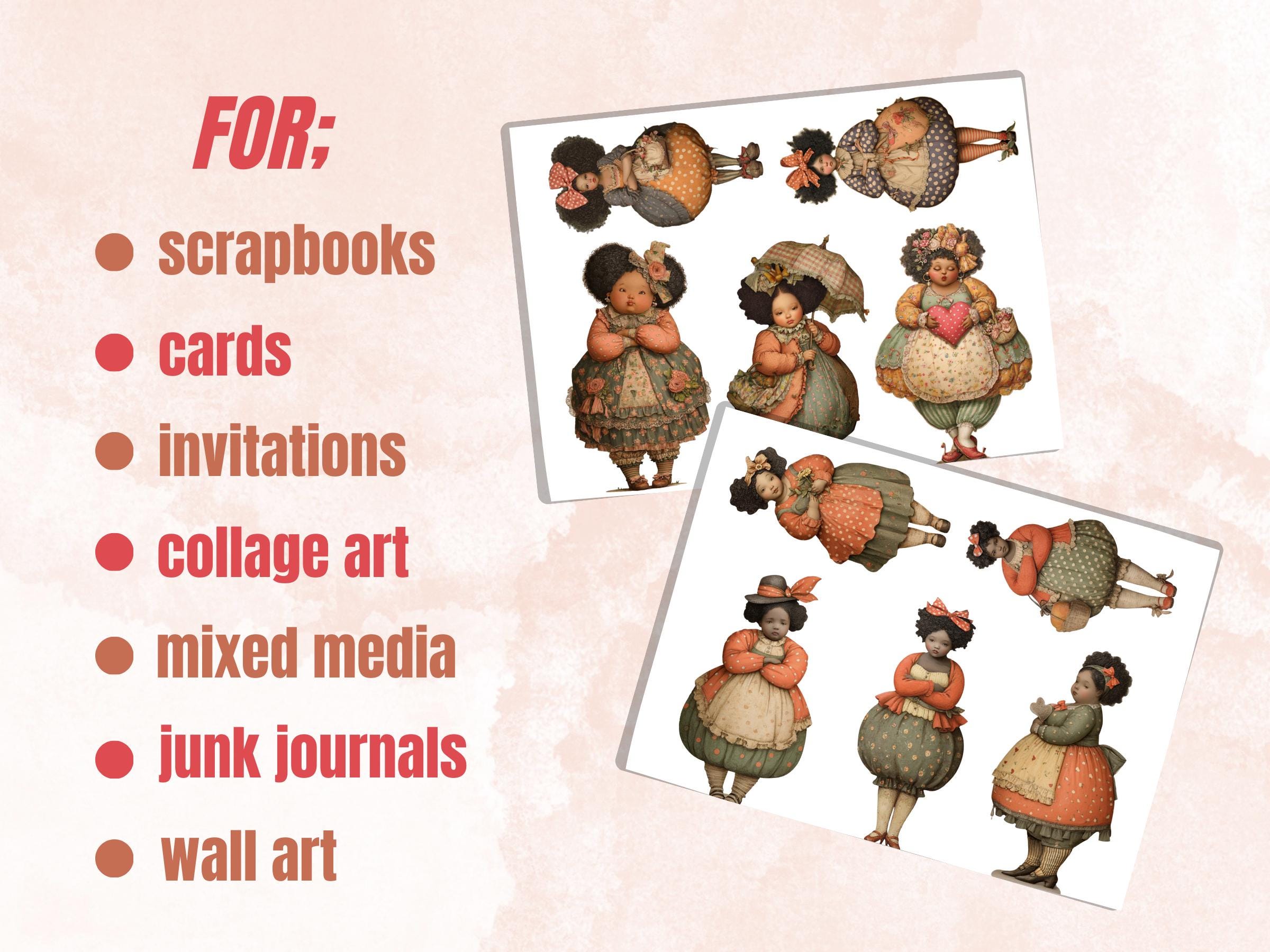 Curvy Afro Black Woman Fussy Cut Bundle, 40 Printable Paper Doll Cutouts, Quirky Junk Journal, Whimsical Scrapbook Ephemera