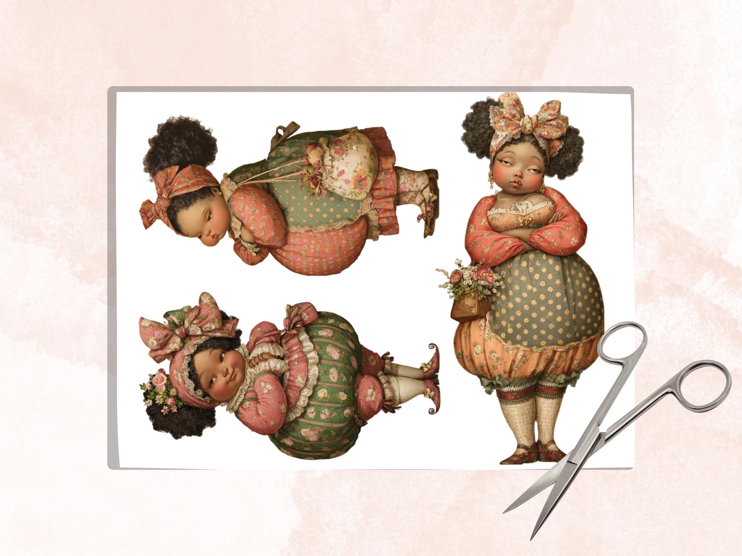 Curvy Afro Black Woman Fussy Cut Bundle, 40 Printable Paper Doll Cutouts, Quirky Junk Journal, Whimsical Scrapbook Ephemera