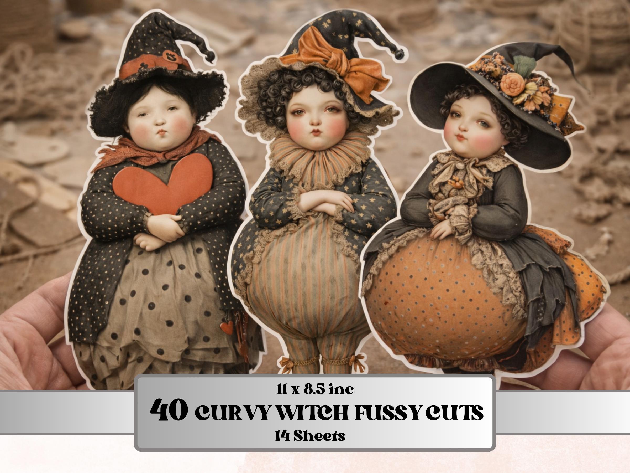 Curvy Witch Fussy Cuts, 40 Printable Paper Doll Witch Cutouts, Halloween Ephemera for Junk Journal, Whimsical Scrapbooking