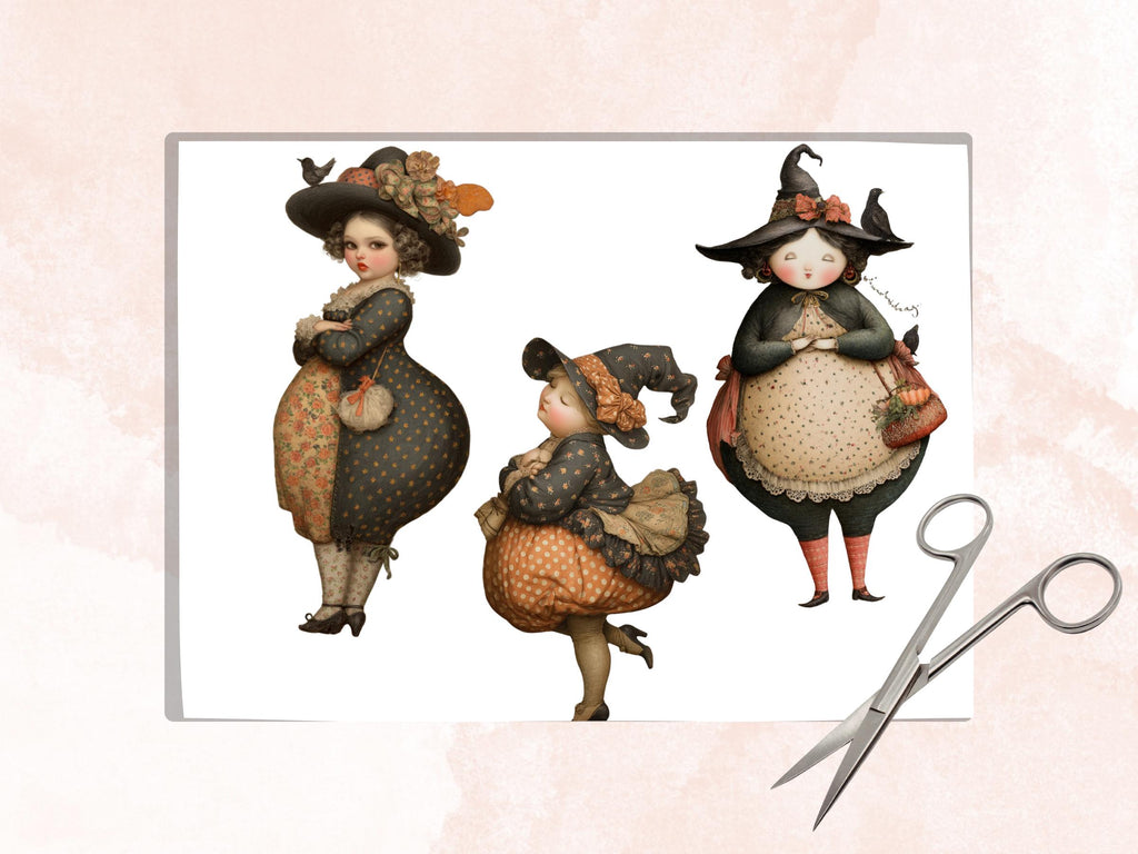 Curvy Witch Fussy Cuts, 40 Printable Paper Doll Witch Cutouts, Halloween Ephemera for Junk Journal, Whimsical Scrapbooking