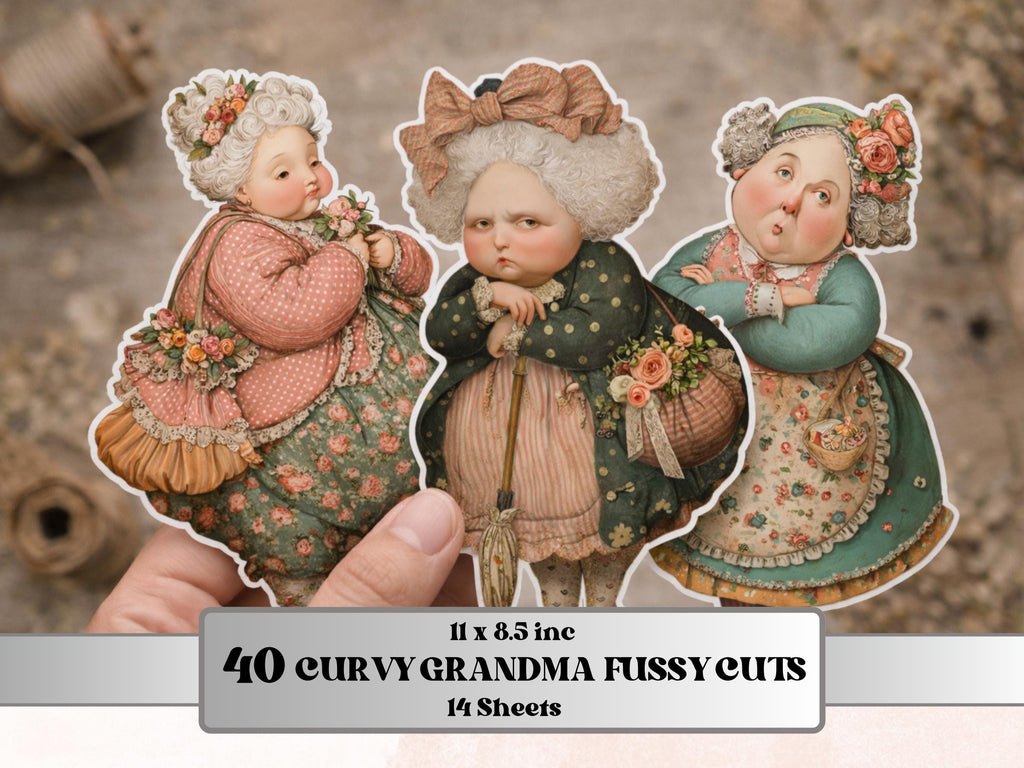 Whimsical Curvy Grandma Fussy Cuts, 40 Printable Paper Doll Grandma Cutouts, Quirky Ephemera Junk Journal Scrapbook