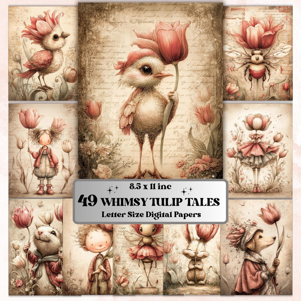 Whimsy Tulip Tales Digital Papers, Spring Backgrounds, Easter Ephemera Collage Journal Pages, Scrapbooking, Instant Printable Download