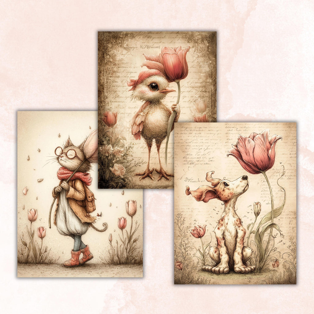 Whimsy Tulip Tales Digital Papers, Spring Backgrounds, Easter Ephemera Collage Journal Pages, Scrapbooking, Instant Printable Download