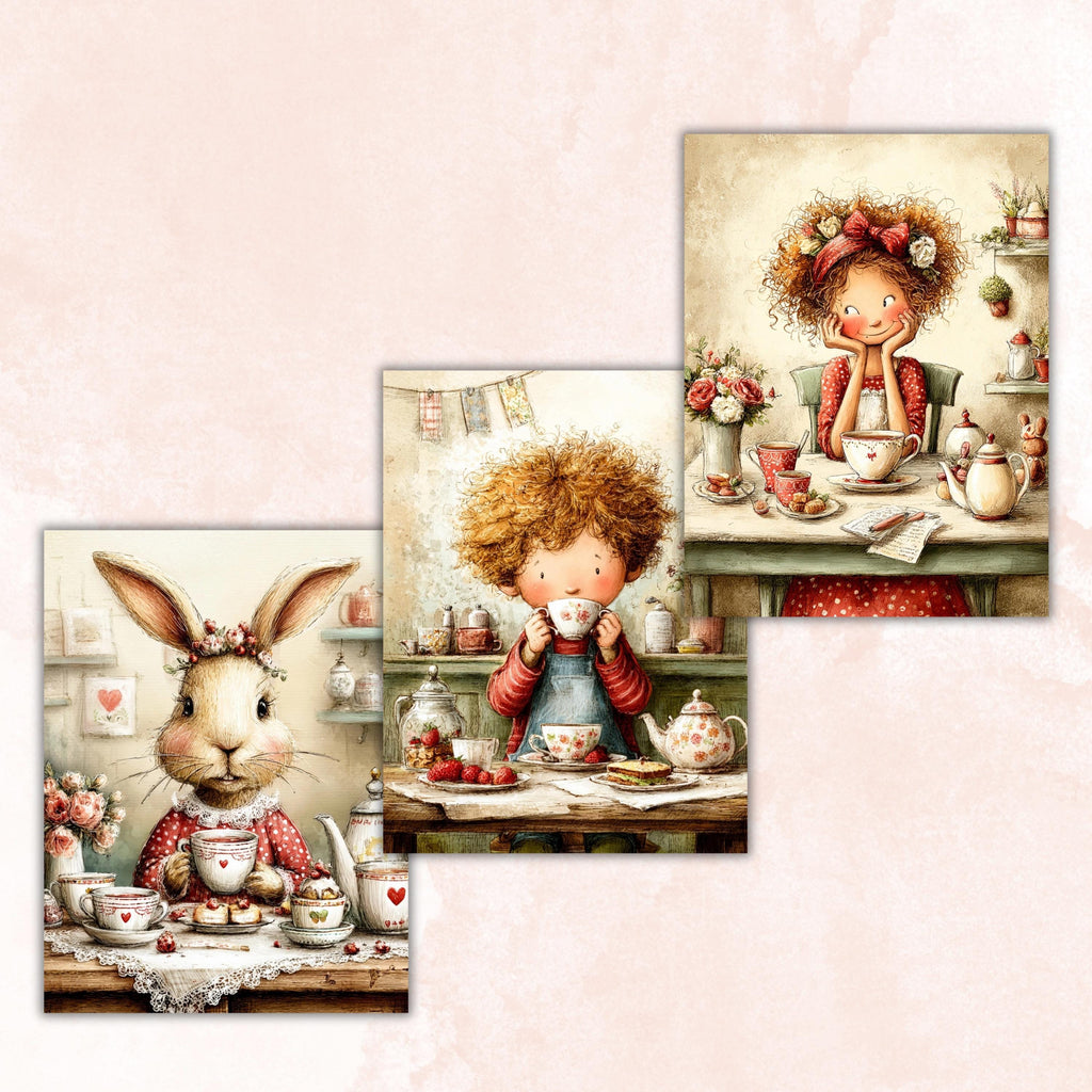 Quirky Tea Party Junk Journal Pages, Letter Size Whimsical Tea Time Printable Backgrounds Commercial Use