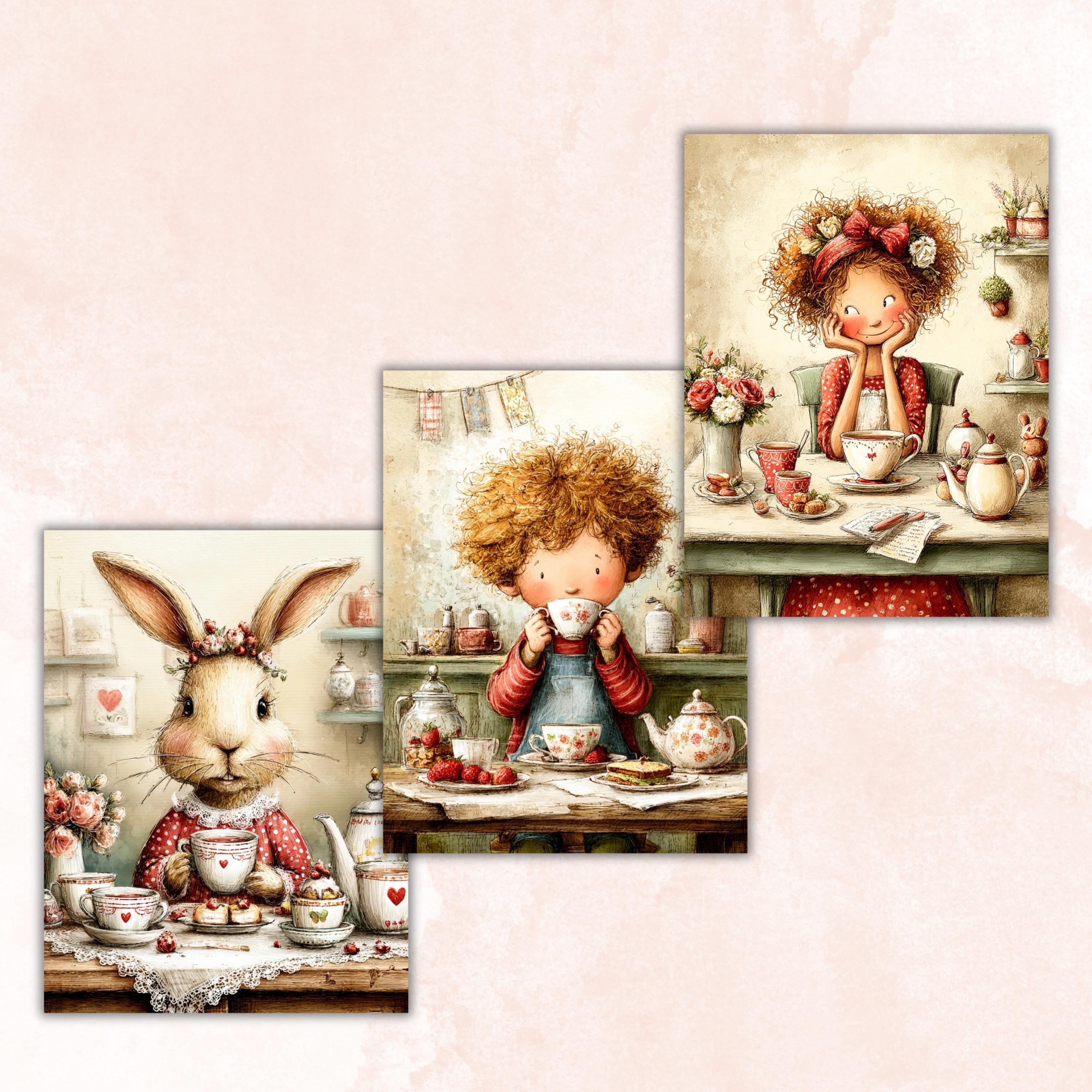 Quirky Tea Party Junk Journal Pages, Letter Size Whimsical Tea Time Printable Backgrounds Commercial Use