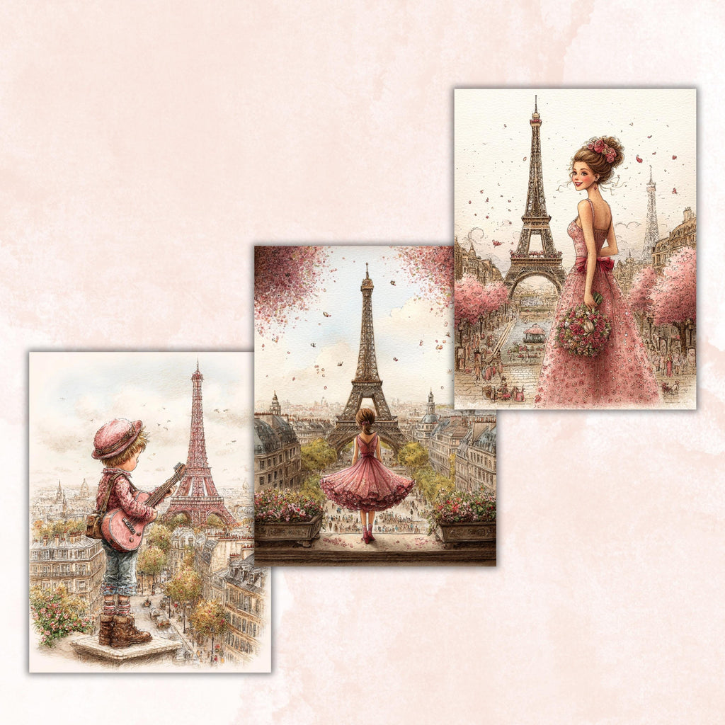 Whimsical Paris Digital Papers, Letter Size Parisian Travel Printable Backgrounds Commercial Use