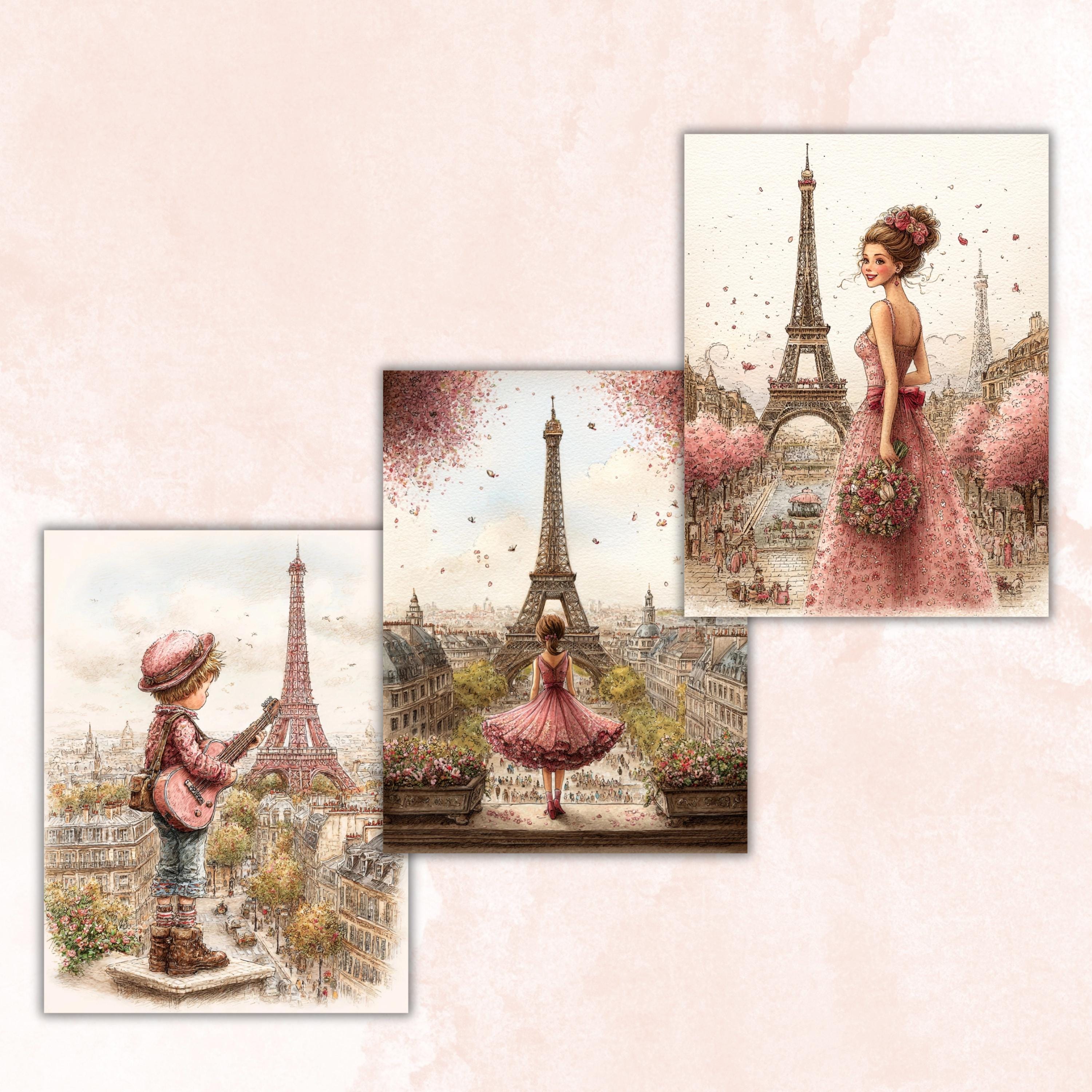 Whimsical Paris Digital Papers, Letter Size Parisian Travel Printable Backgrounds Commercial Use
