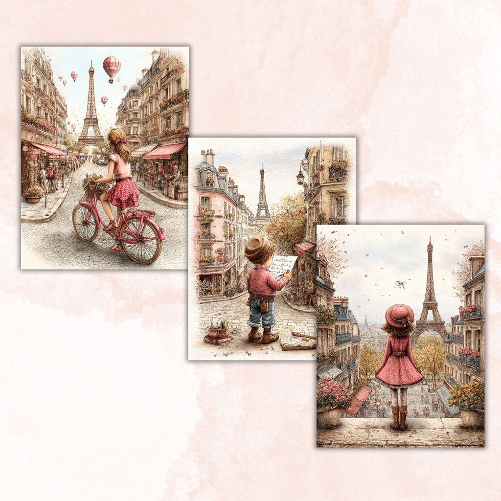 Whimsical Paris Digital Papers, Letter Size Parisian Travel Printable Backgrounds Commercial Use