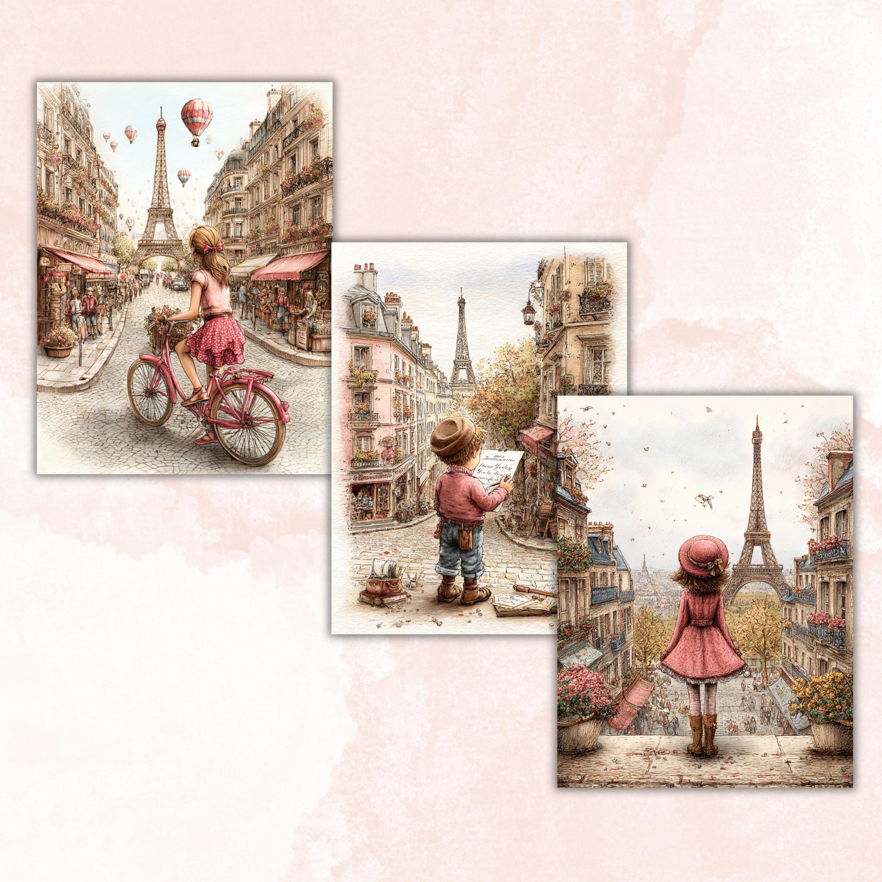 Whimsical Paris Digital Papers, Letter Size Parisian Travel Printable Backgrounds Commercial Use