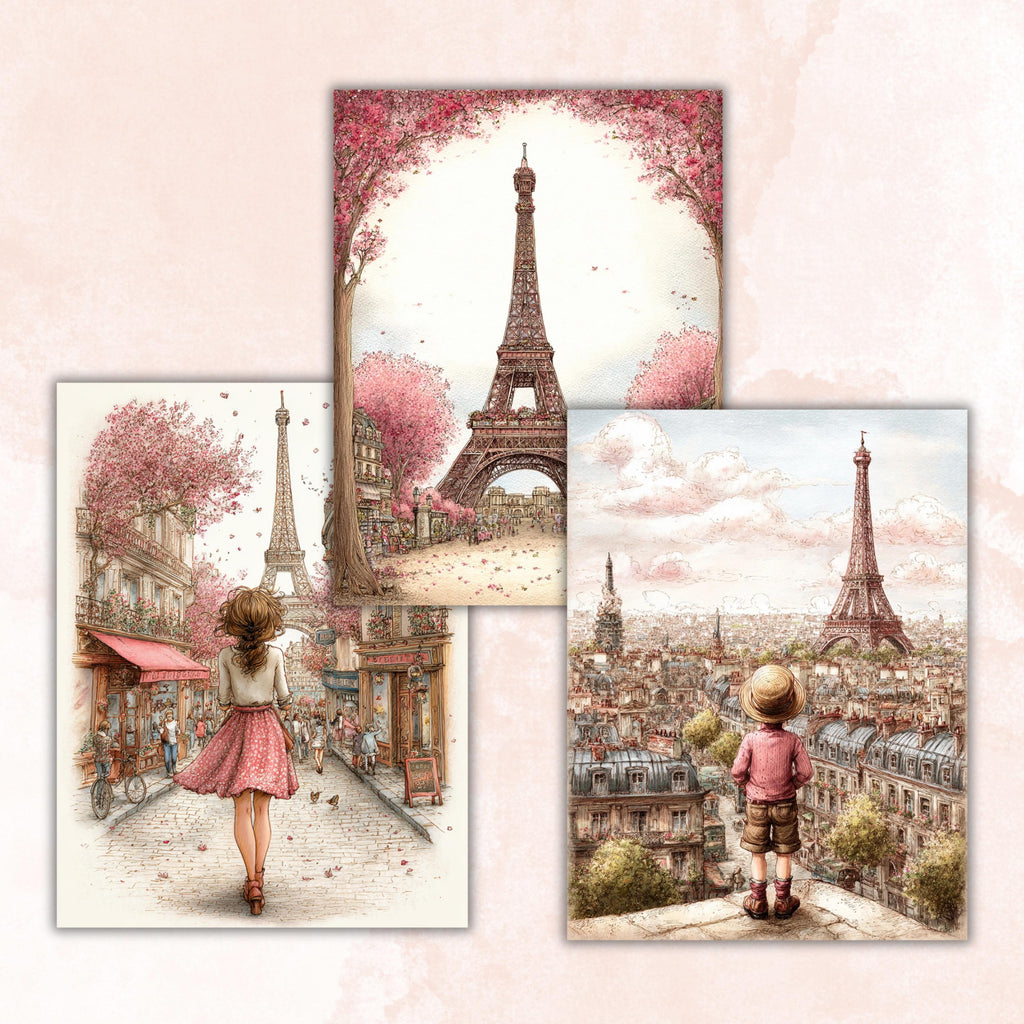 Whimsical Paris Digital Papers, Letter Size Parisian Travel Printable Backgrounds Commercial Use