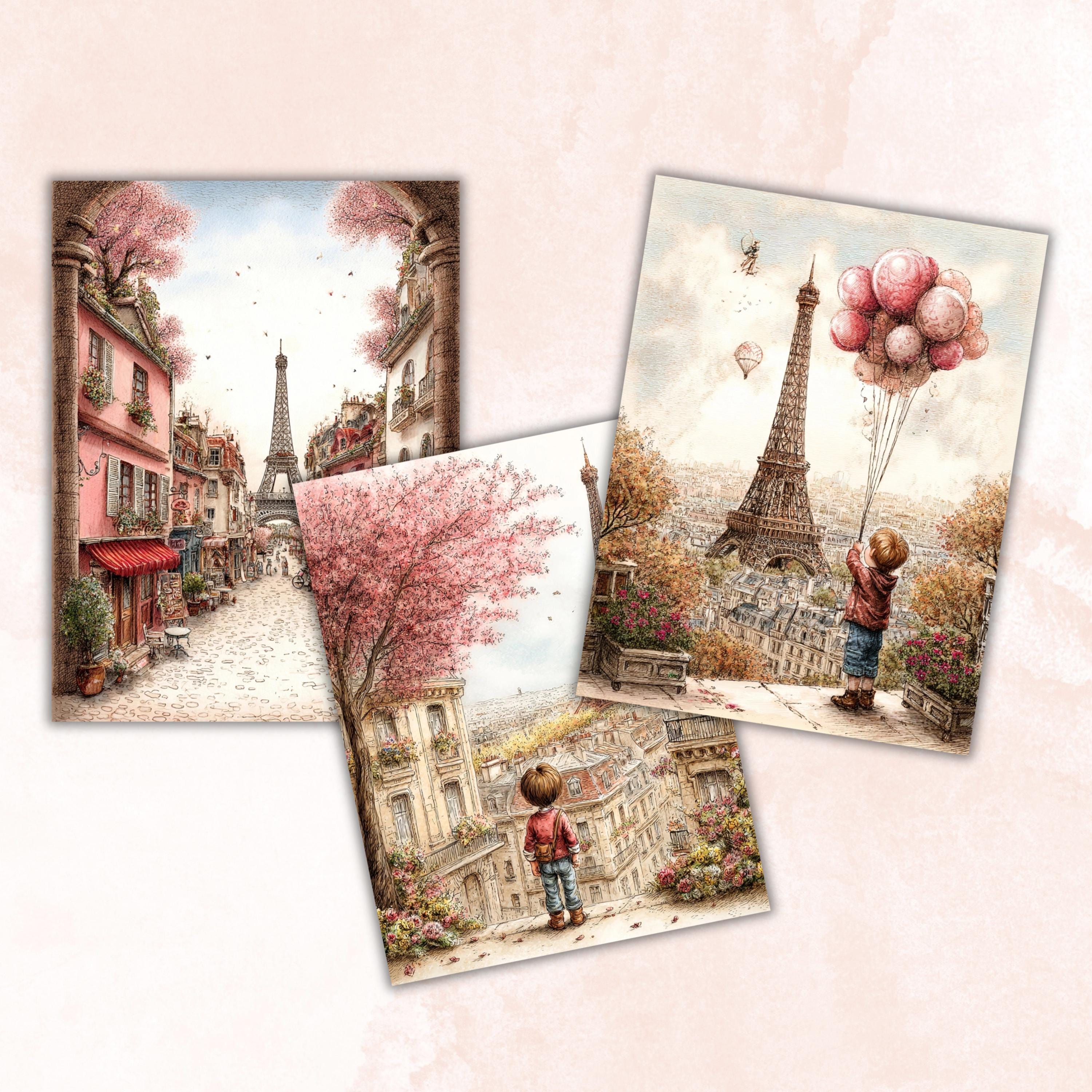 Whimsical Paris Digital Papers, Letter Size Parisian Travel Printable Backgrounds Commercial Use