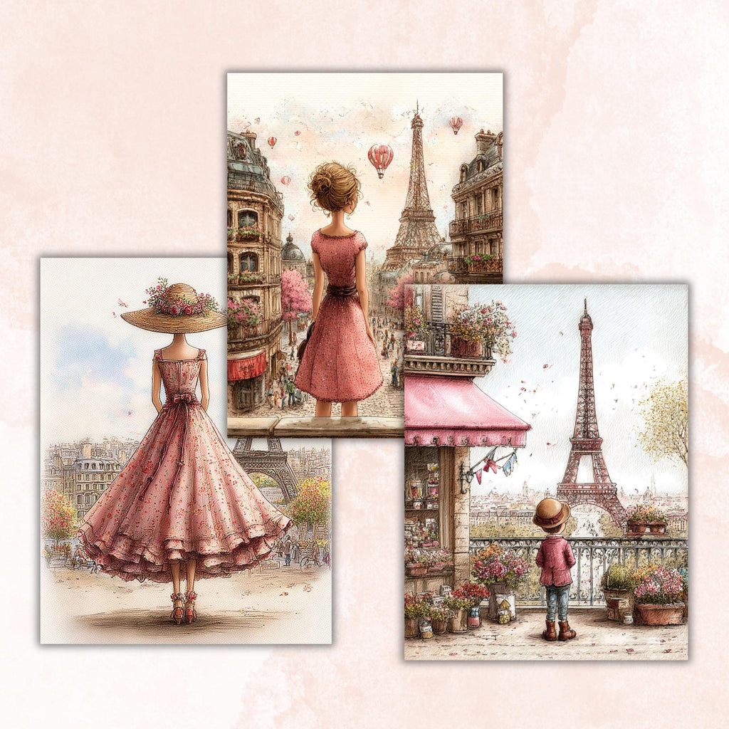 Whimsical Paris Digital Papers, Letter Size Parisian Travel Printable Backgrounds Commercial Use
