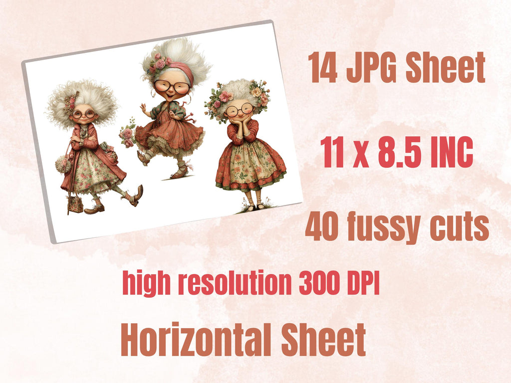 Crazy Grandma Fussy Cut Bundle, 40 Funny Grandma Cutouts, Whimsical Ephemera for Junk Journal Scrapbook