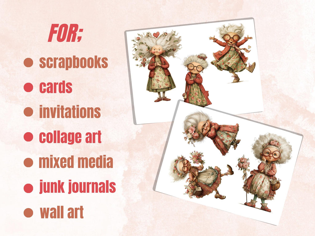 Crazy Grandma Fussy Cut Bundle, 40 Funny Grandma Cutouts, Whimsical Ephemera for Junk Journal Scrapbook