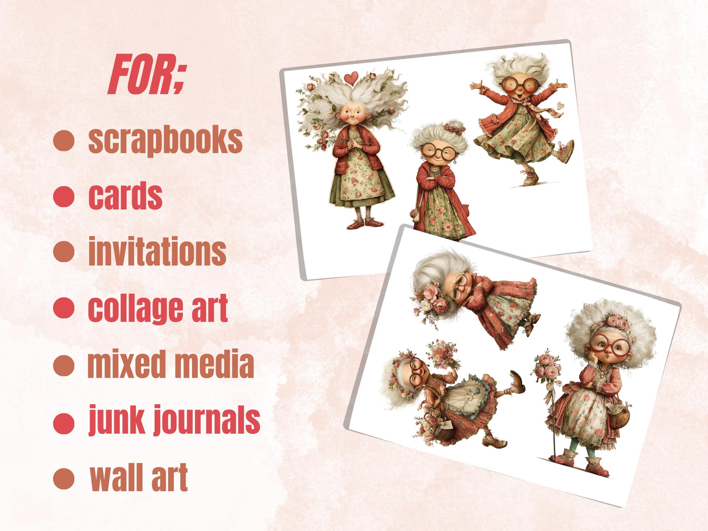 Crazy Grandma Fussy Cut Bundle, 40 Funny Grandma Cutouts, Whimsical Ephemera for Junk Journal Scrapbook