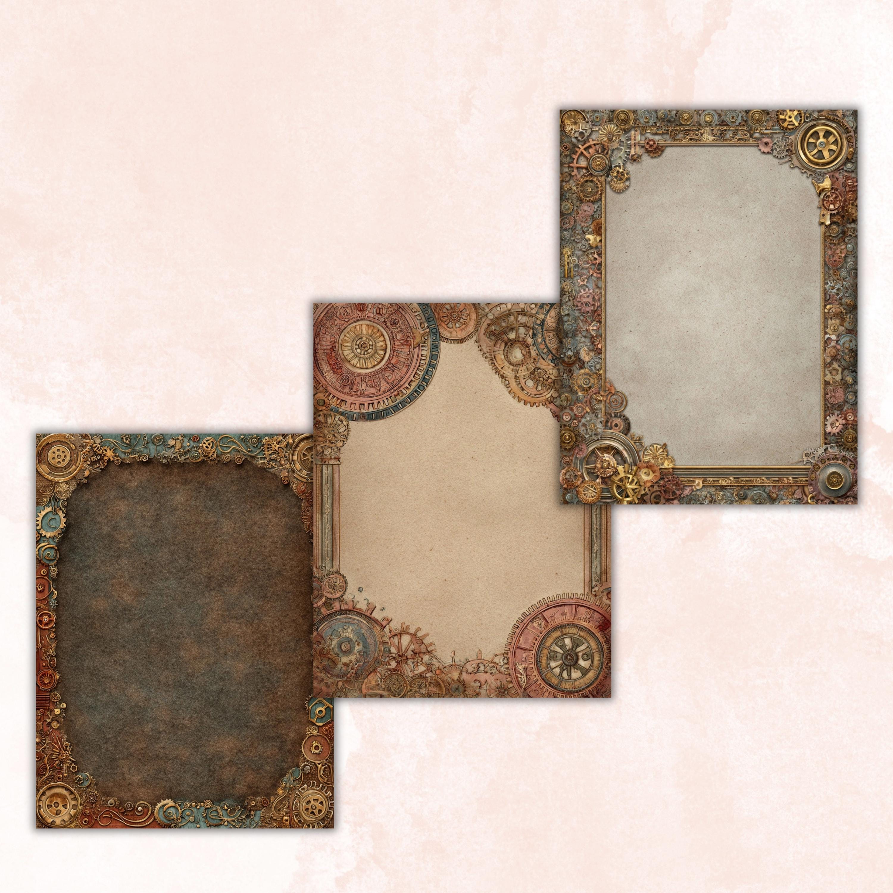 Steampunk Border Journal Pages, Industrial Frame Backgrounds, Gothic Ephemera Collage Paper, Scrapbook Papers, Instant Printable Download