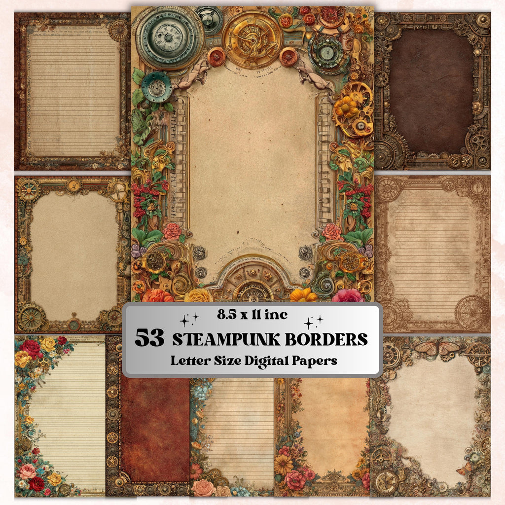 Steampunk Border Journal Pages, Industrial Frame Backgrounds, Gothic Ephemera Collage Paper, Scrapbook Papers, Instant Printable Download