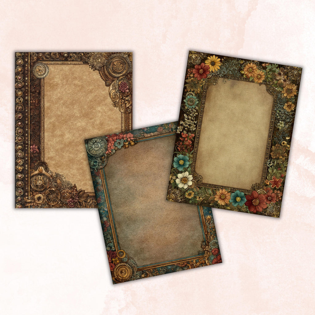 Steampunk Border Journal Pages, Industrial Frame Backgrounds, Gothic Ephemera Collage Paper, Scrapbook Papers, Instant Printable Download