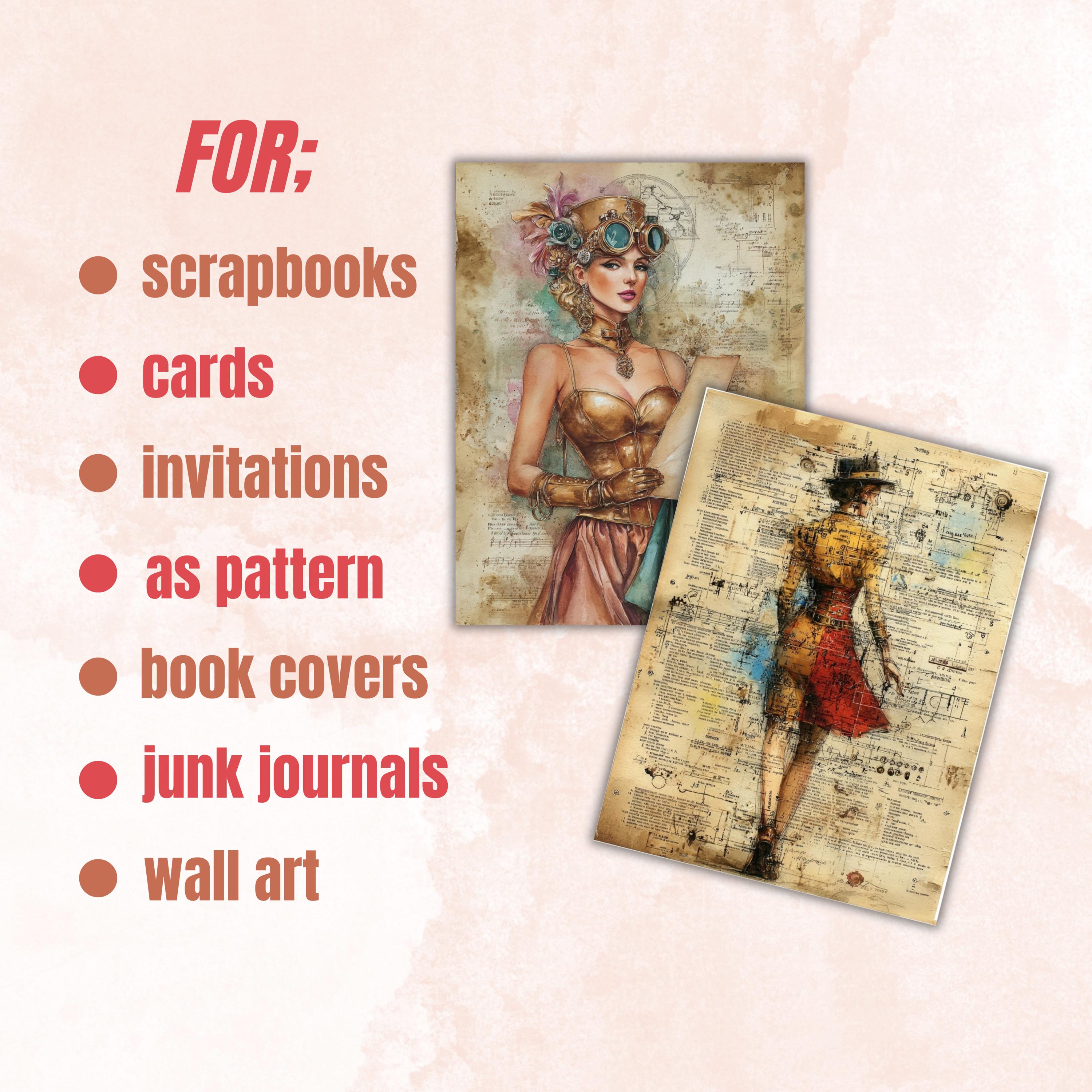 Steampunk Ladies Digital Papers, Industrial Woman Backgrounds, Vintage Girls Collage Journal Pages, Scrapbooking, Instant Printable Download