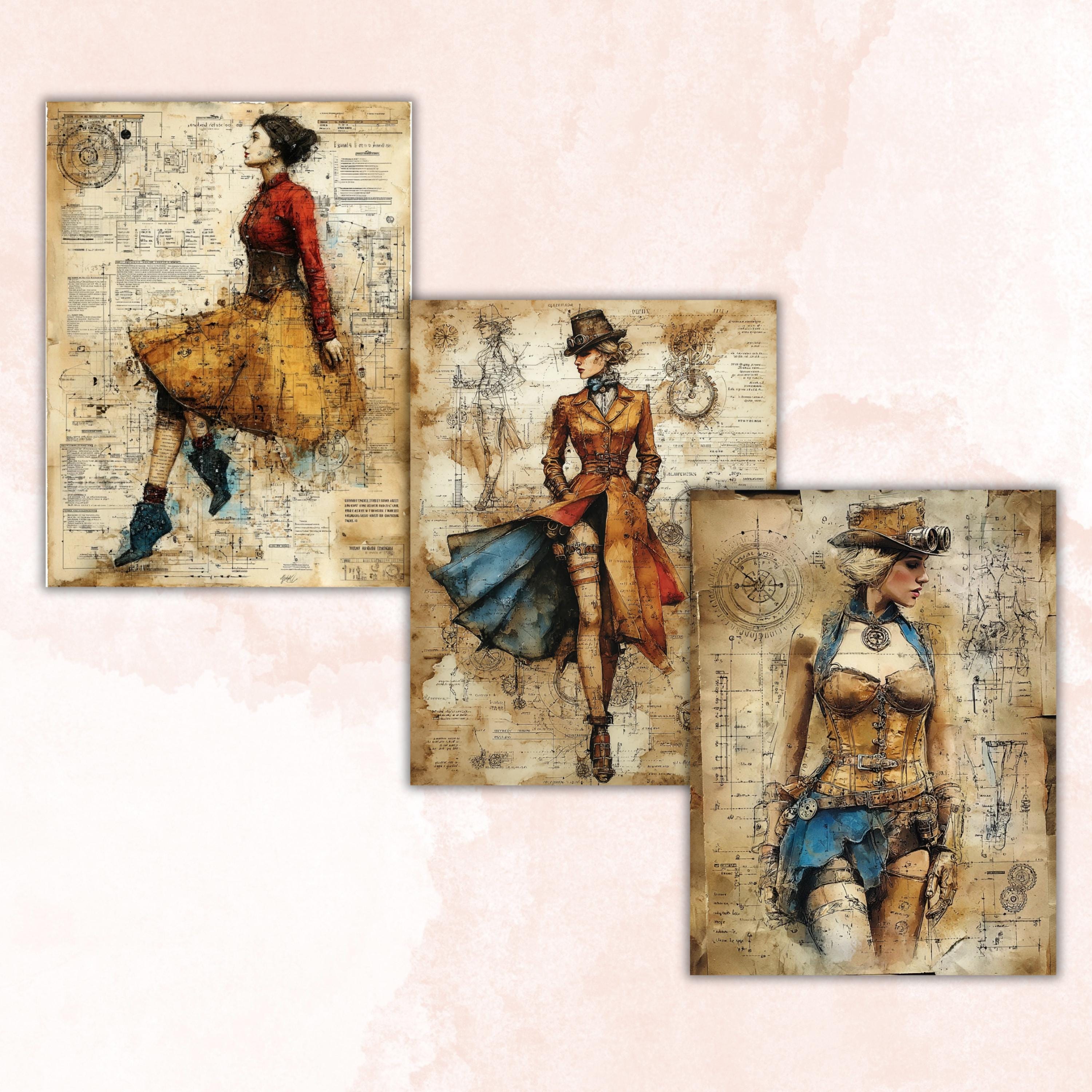 Steampunk Ladies Digital Papers, Industrial Woman Backgrounds, Vintage Girls Collage Journal Pages, Scrapbooking, Instant Printable Download
