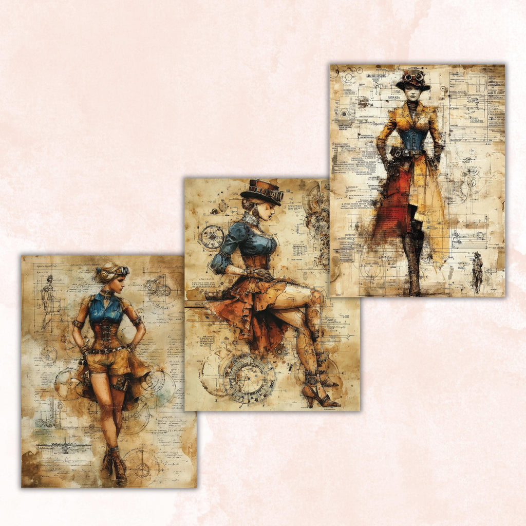 Steampunk Ladies Digital Papers, Industrial Woman Backgrounds, Vintage Girls Collage Journal Pages, Scrapbooking, Instant Printable Download