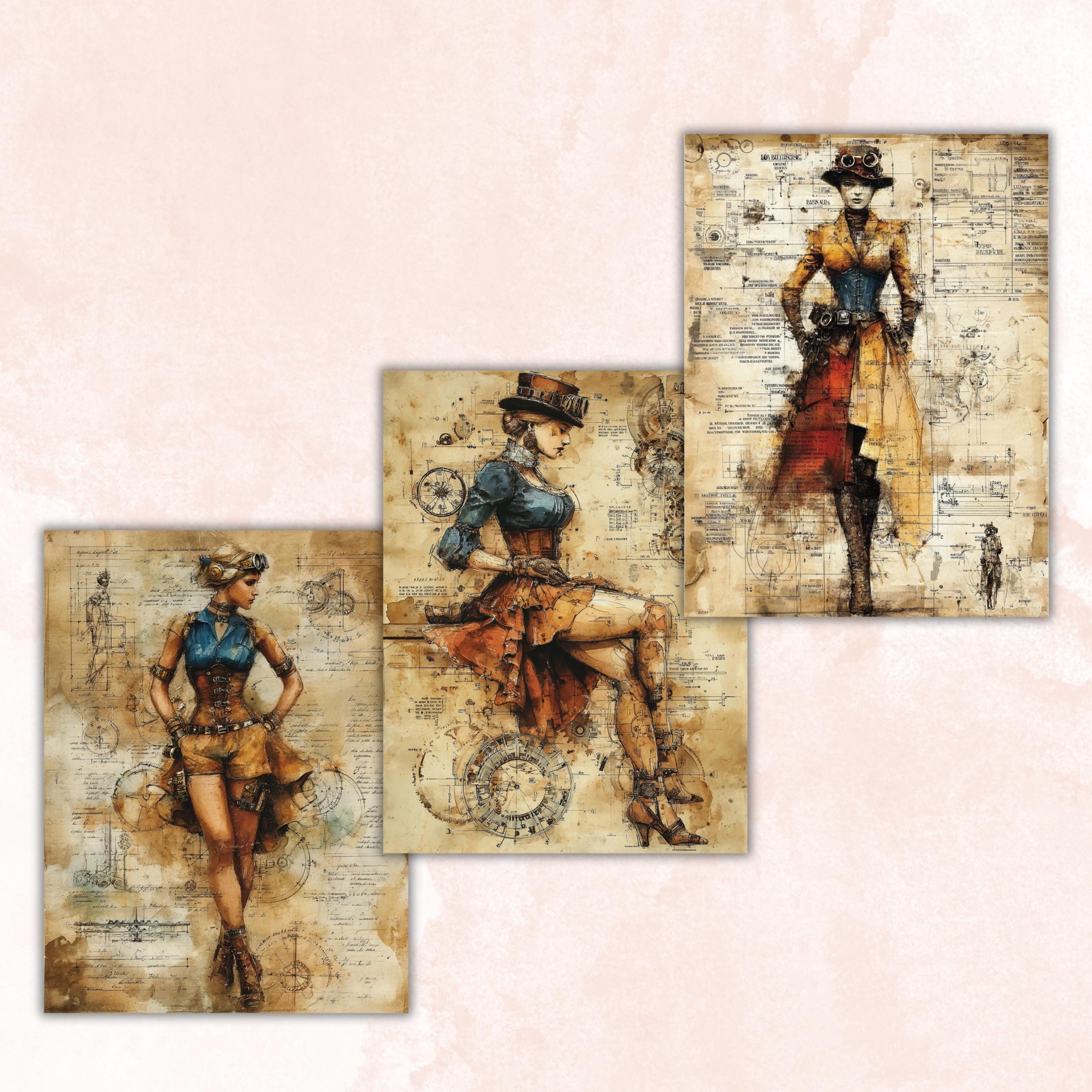 Steampunk Ladies Digital Papers, Industrial Woman Backgrounds, Vintage Girls Collage Journal Pages, Scrapbooking, Instant Printable Download