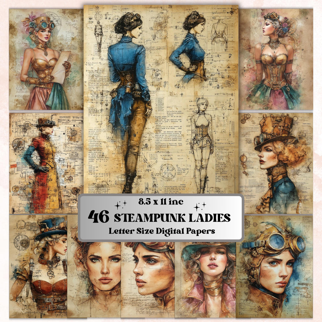Steampunk Ladies Digital Papers, Industrial Woman Backgrounds, Vintage Girls Collage Journal Pages, Scrapbooking, Instant Printable Download