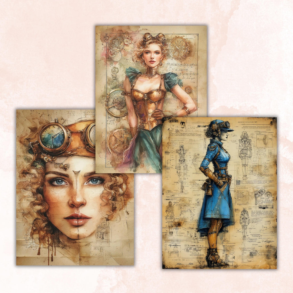 Steampunk Ladies Digital Papers, Industrial Woman Backgrounds, Vintage Girls Collage Journal Pages, Scrapbooking, Instant Printable Download