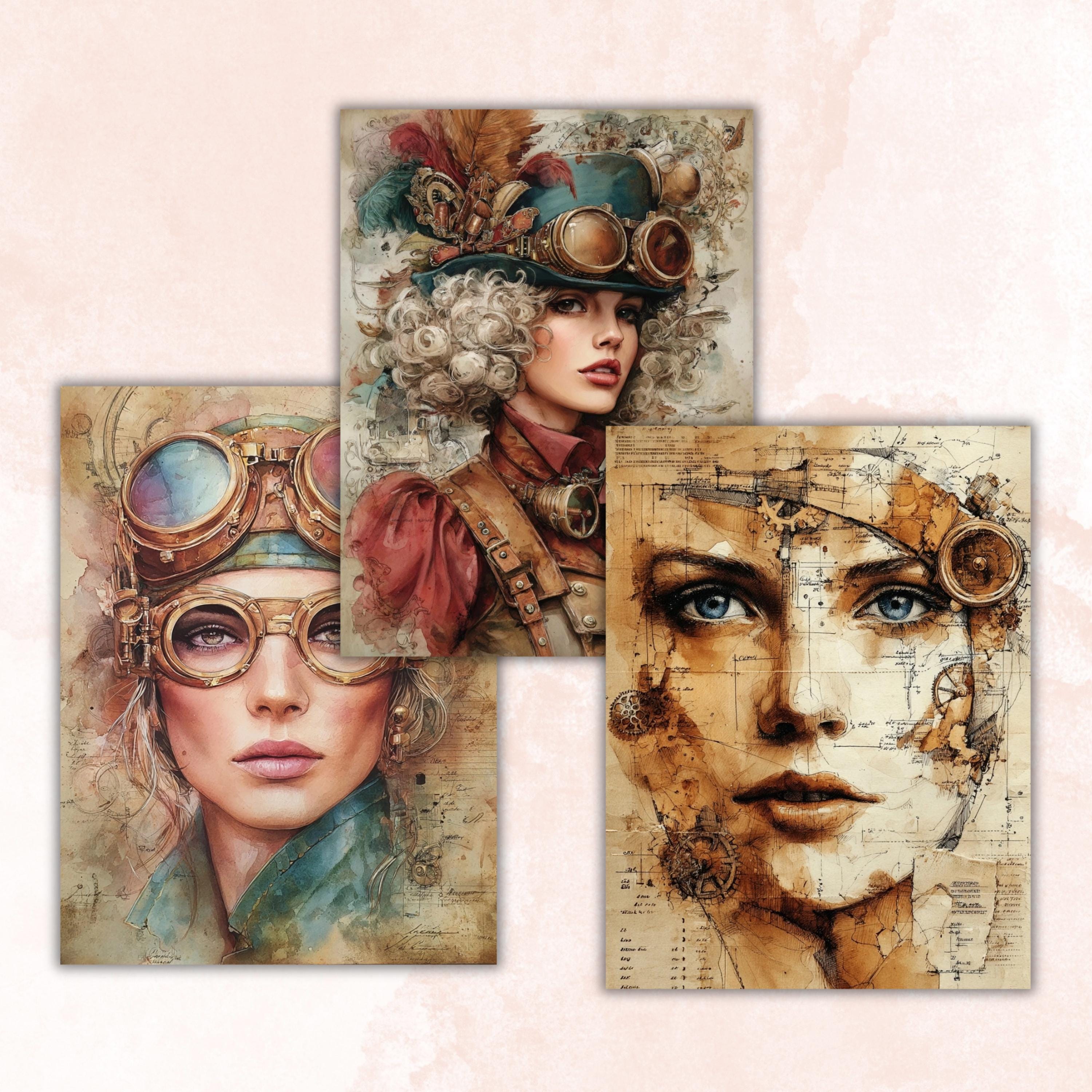 Steampunk Ladies Digital Papers, Industrial Woman Backgrounds, Vintage Girls Collage Journal Pages, Scrapbooking, Instant Printable Download
