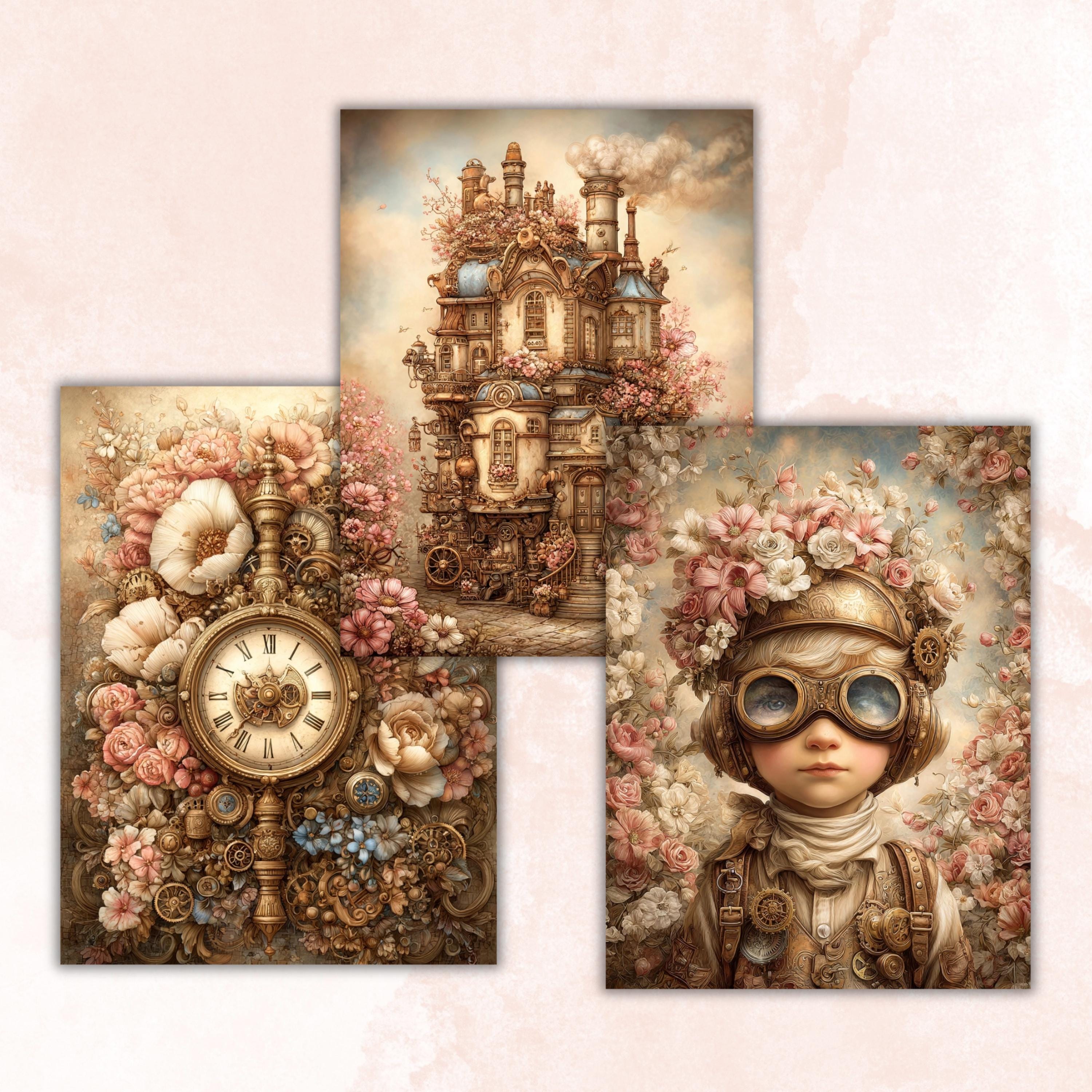 Spring Steampunk Ephemera Digital Papers, Industrial Backgrounds, Vintage Collage Journal Pages, Scrapbooking, Instant Printable Download